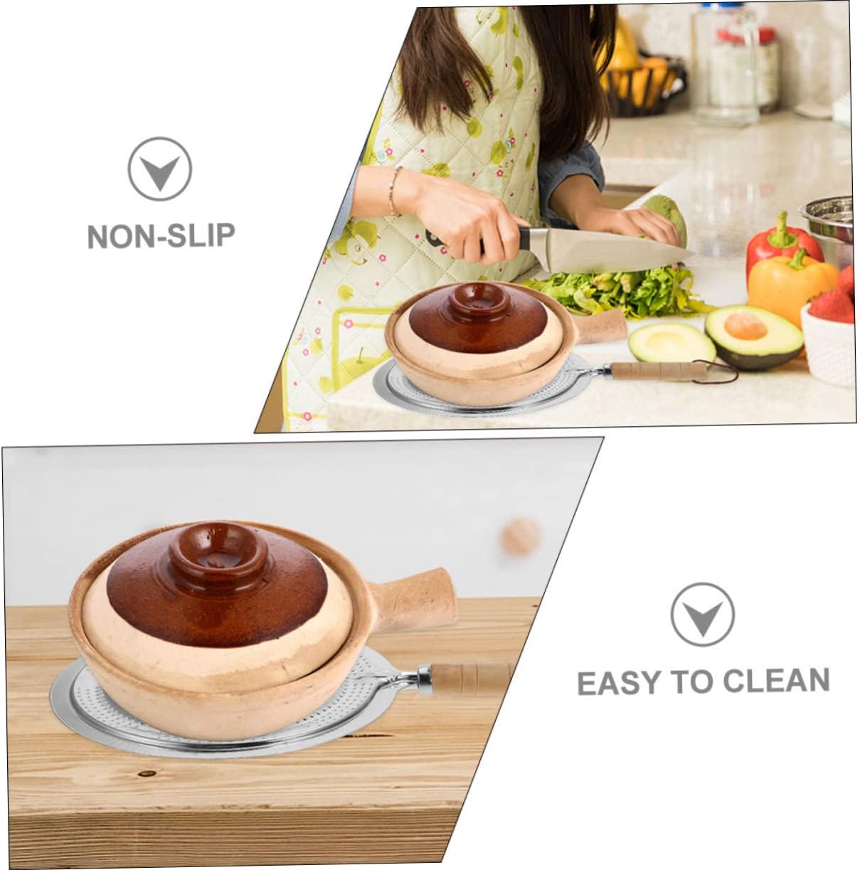 2 Pack Heat Resistant Pan Trivets Stainless Steel Table Mats with Wooden Handles and Hanging Ropes