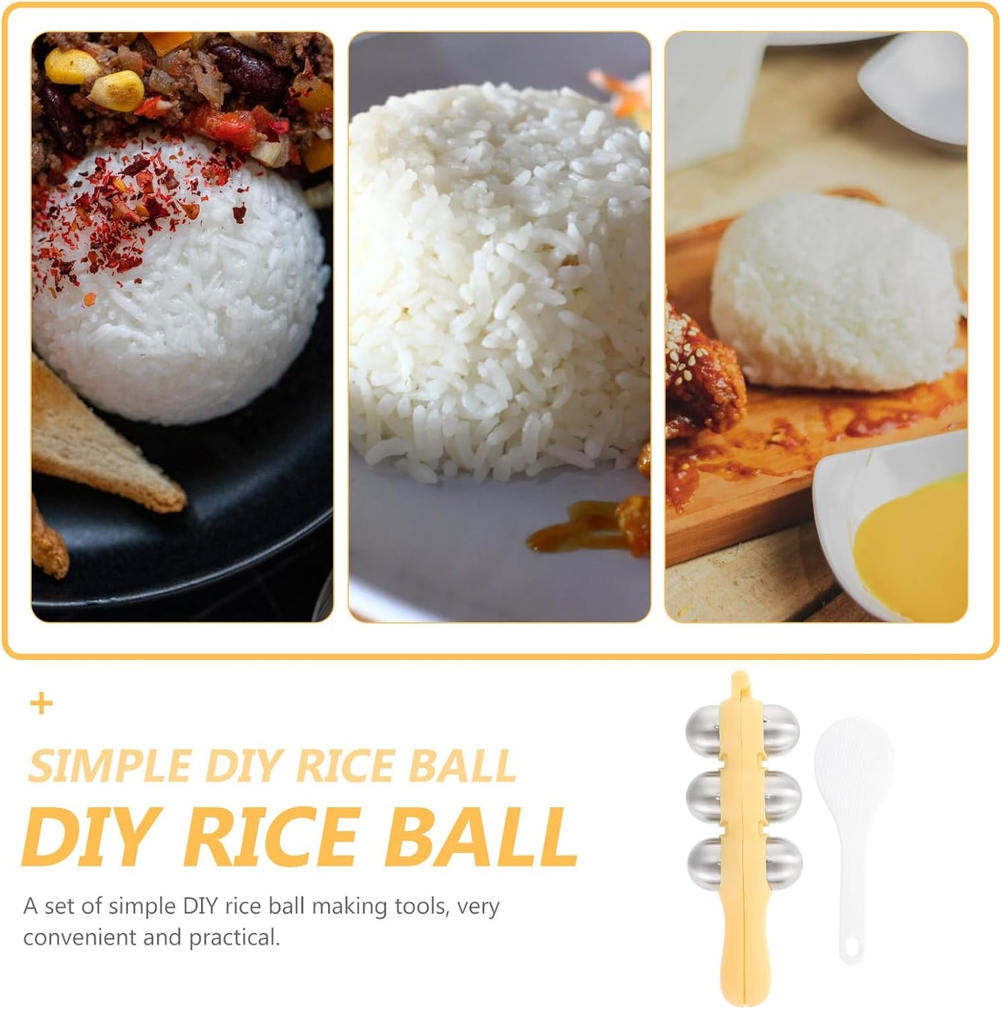 Stainless Steel Rice Ball Maker Set Triangle Sushi Mold with Rice Paddle Non-Stick Riceball Shaker Tool Yellow