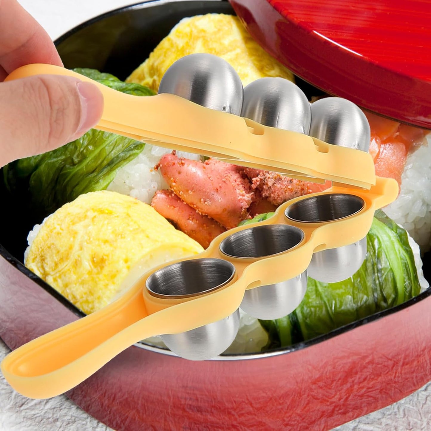 Stainless Steel Rice Ball Maker Set Triangle Sushi Mold with Rice Paddle Non-Stick Riceball Shaker Tool Yellow