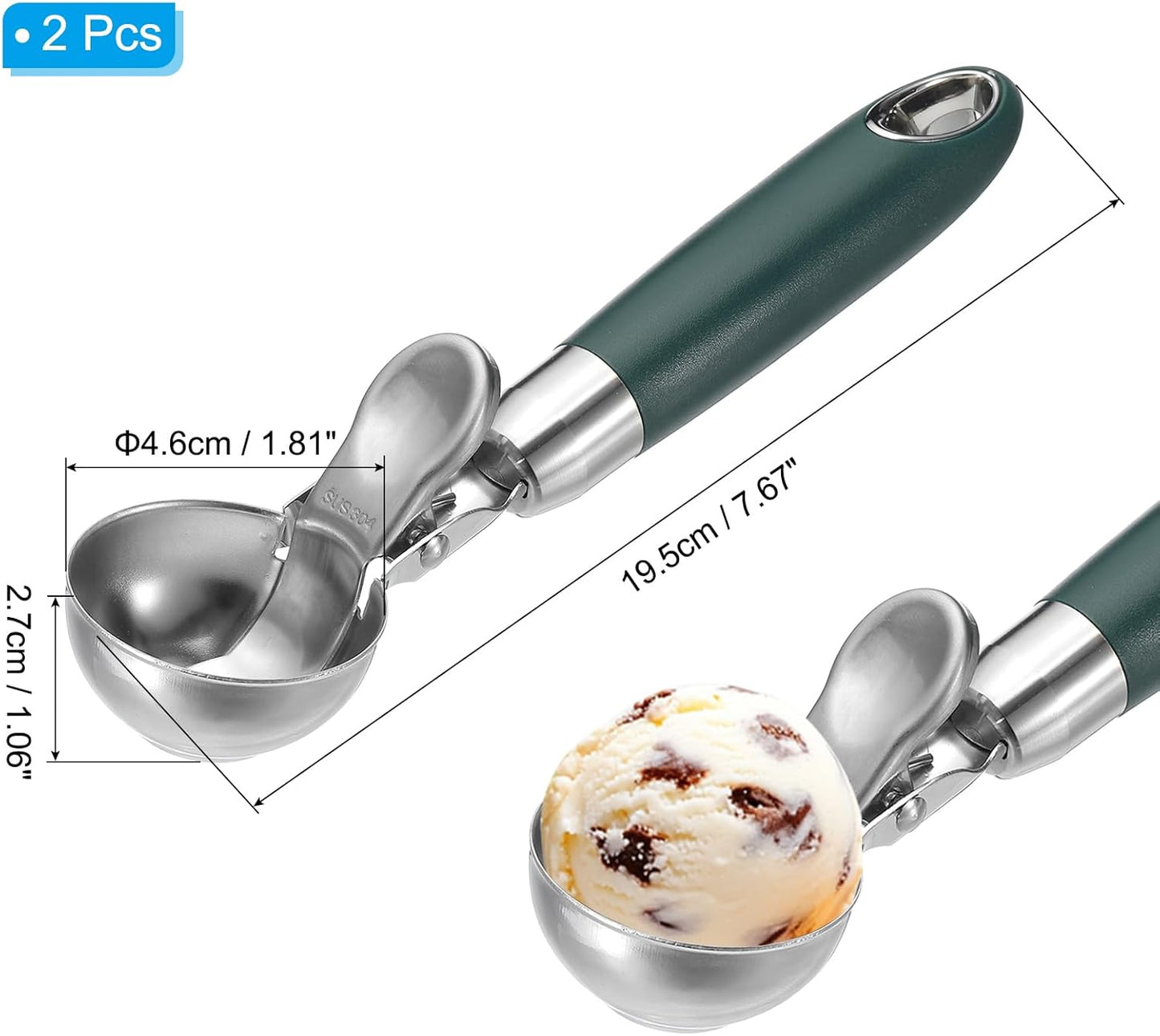 2 Pack Green Ergonomic 304 Stainless Steel Ice Cream Scoop with Trigger