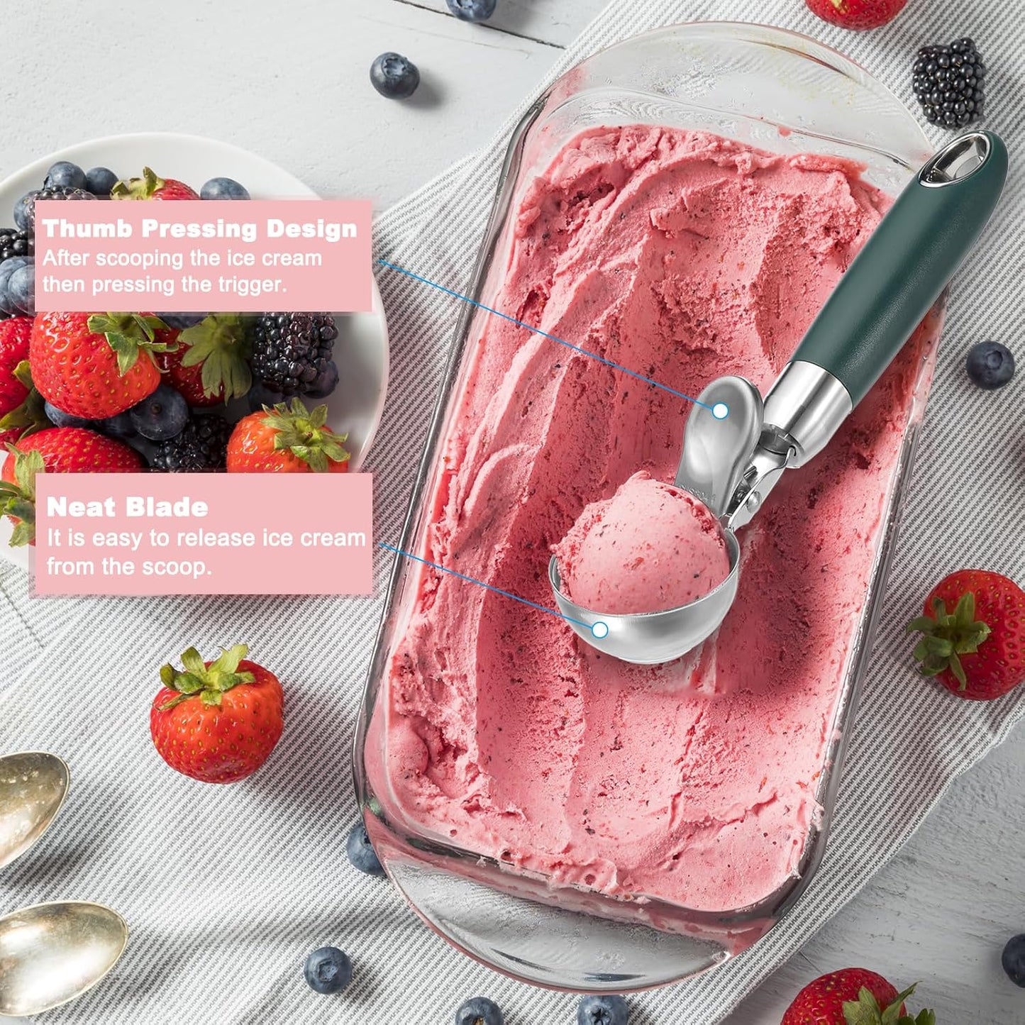 2 Pack Green Ergonomic 304 Stainless Steel Ice Cream Scoop with Trigger
