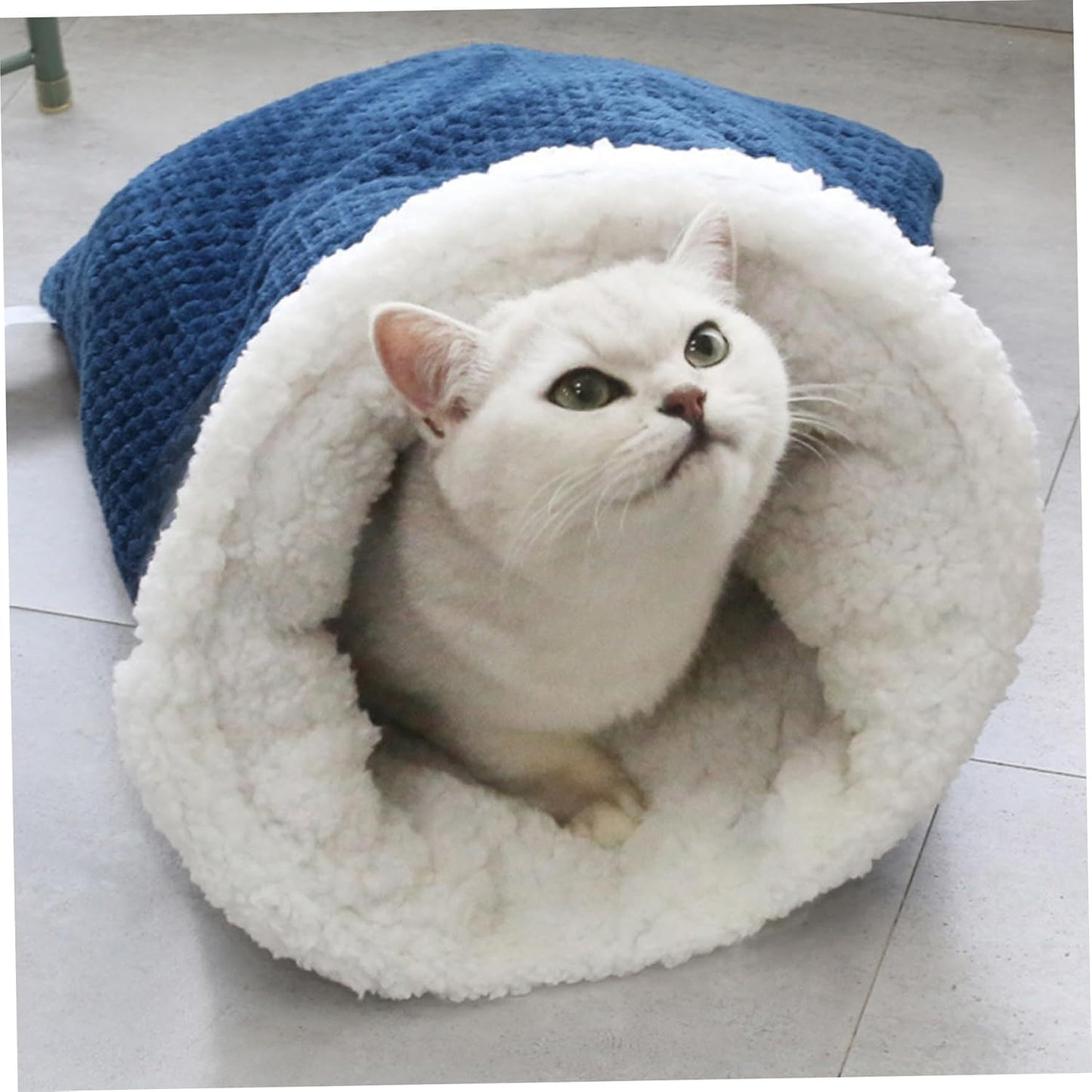 Cat Sleeping Bag Nest - Half-Closed Design - Plush & Fleece - Warm - Navy Blue - 1 Piece