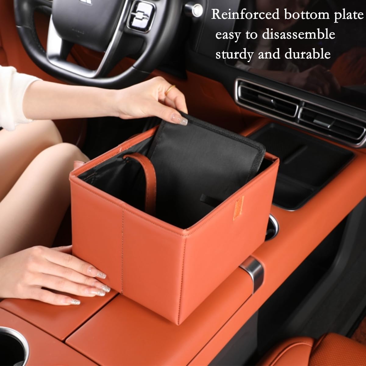 Foldable Car Trash Bin & Organizer Leakproof Waterproof PU Leather Orange