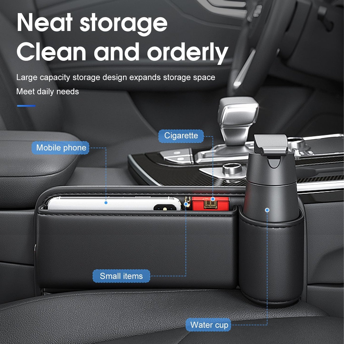 Car Seat Organizer with Cup Holder - Storage Compartment Between Seats - Seat Filler - PU Leather - Black - Set of 1