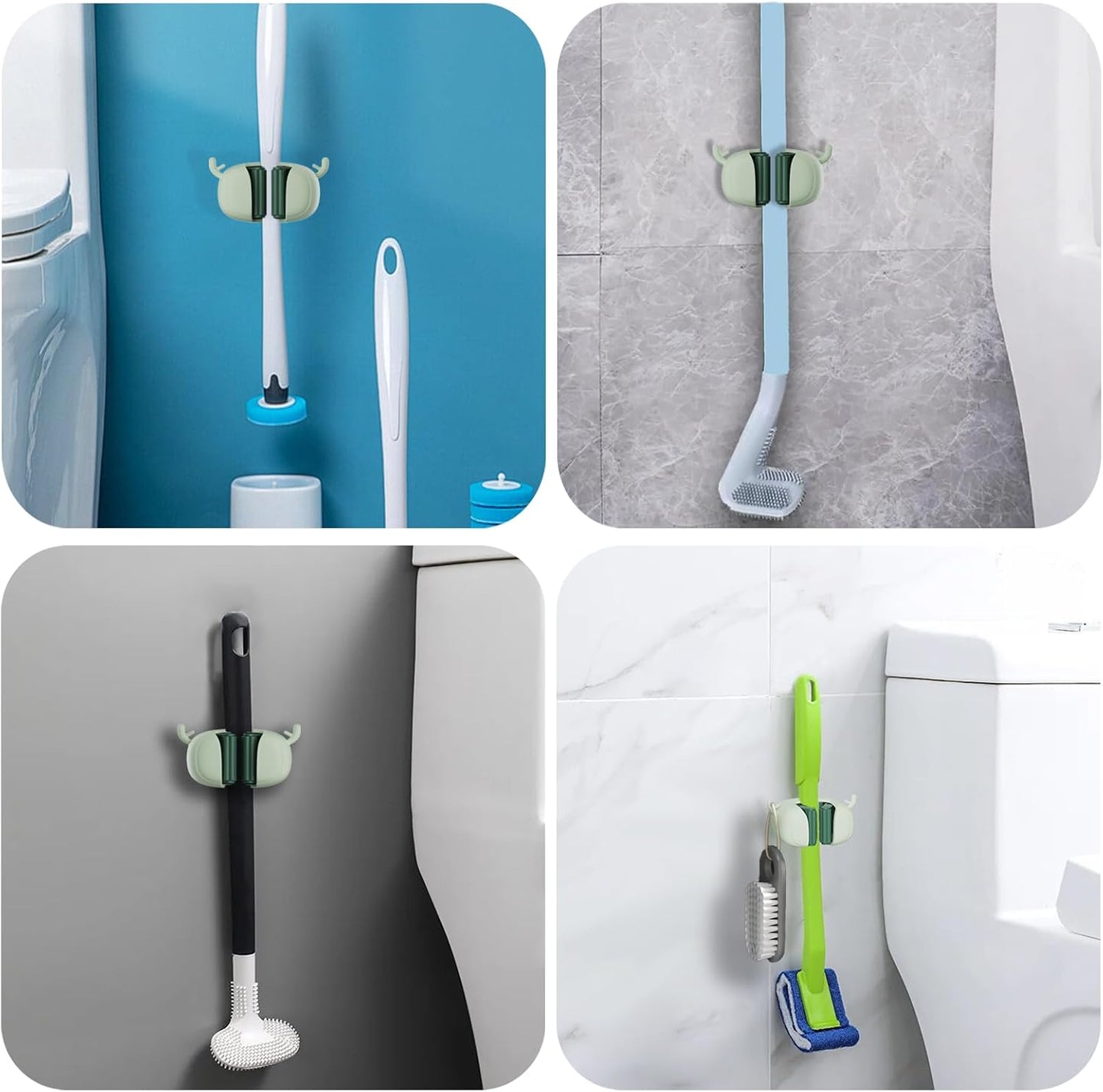 Self-Adhesive Toilet Brush Holder 2 Pack Green - No Drilling Required Wall Mounted Universal Bathroom WC Organizer