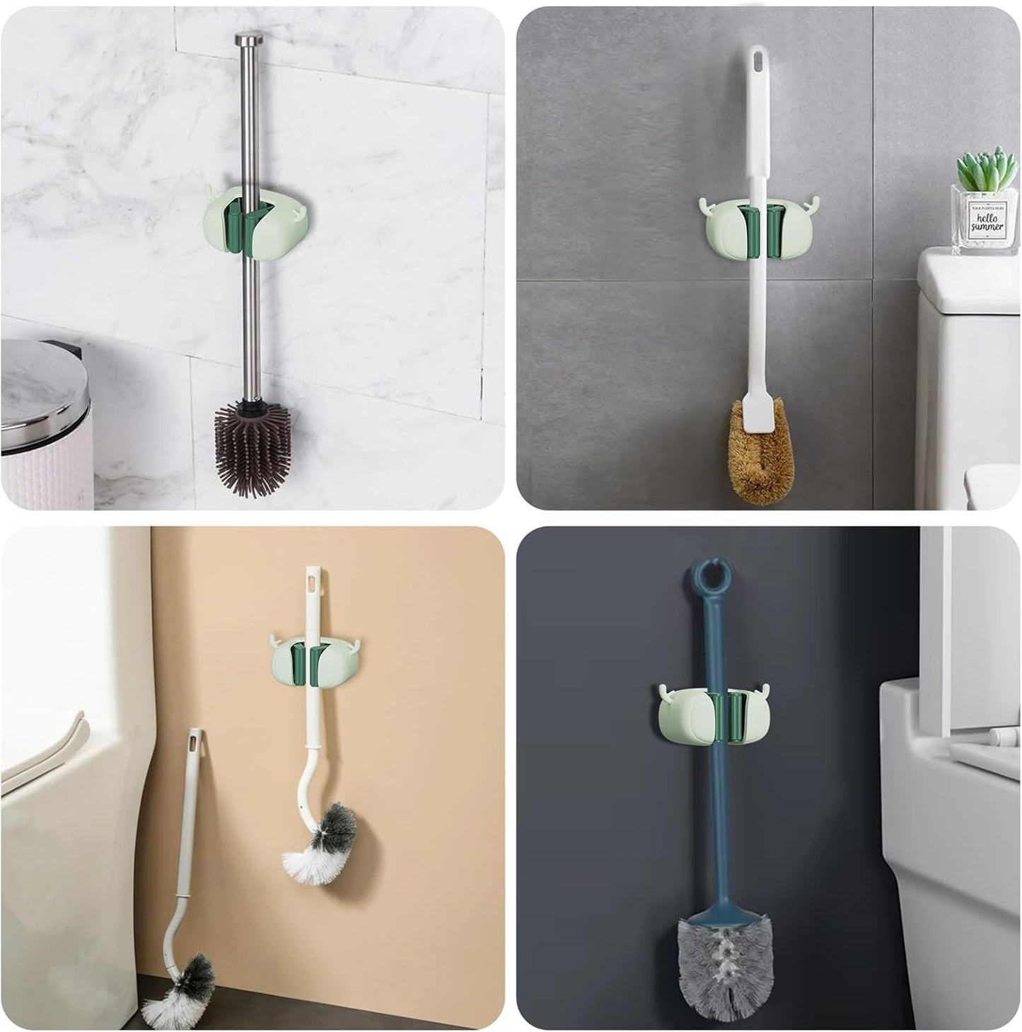Self-Adhesive Toilet Brush Holder 2 Pack Green - No Drilling Required Wall Mounted Universal Bathroom WC Organizer