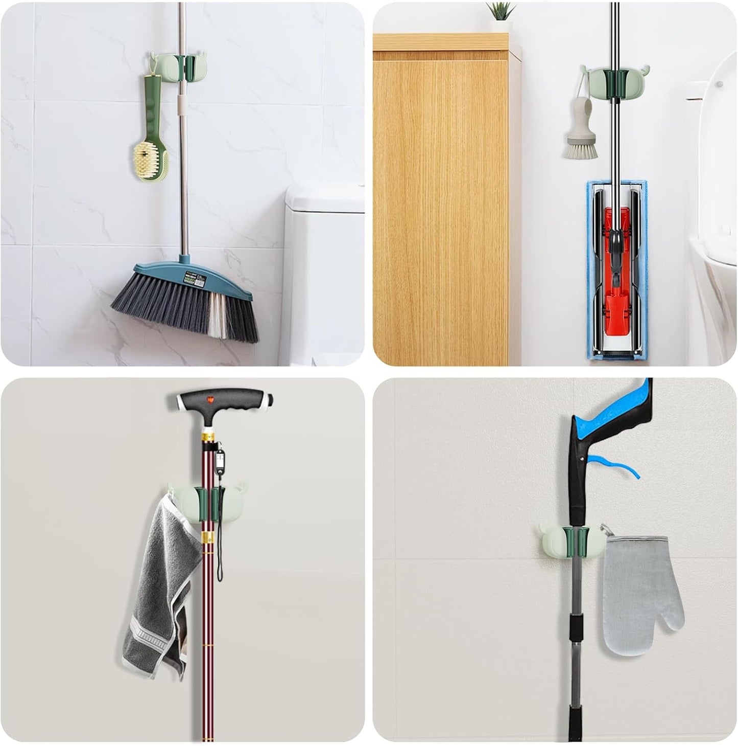 Self-Adhesive Toilet Brush Holder 2 Pack Green - No Drilling Required Wall Mounted Universal Bathroom WC Organizer