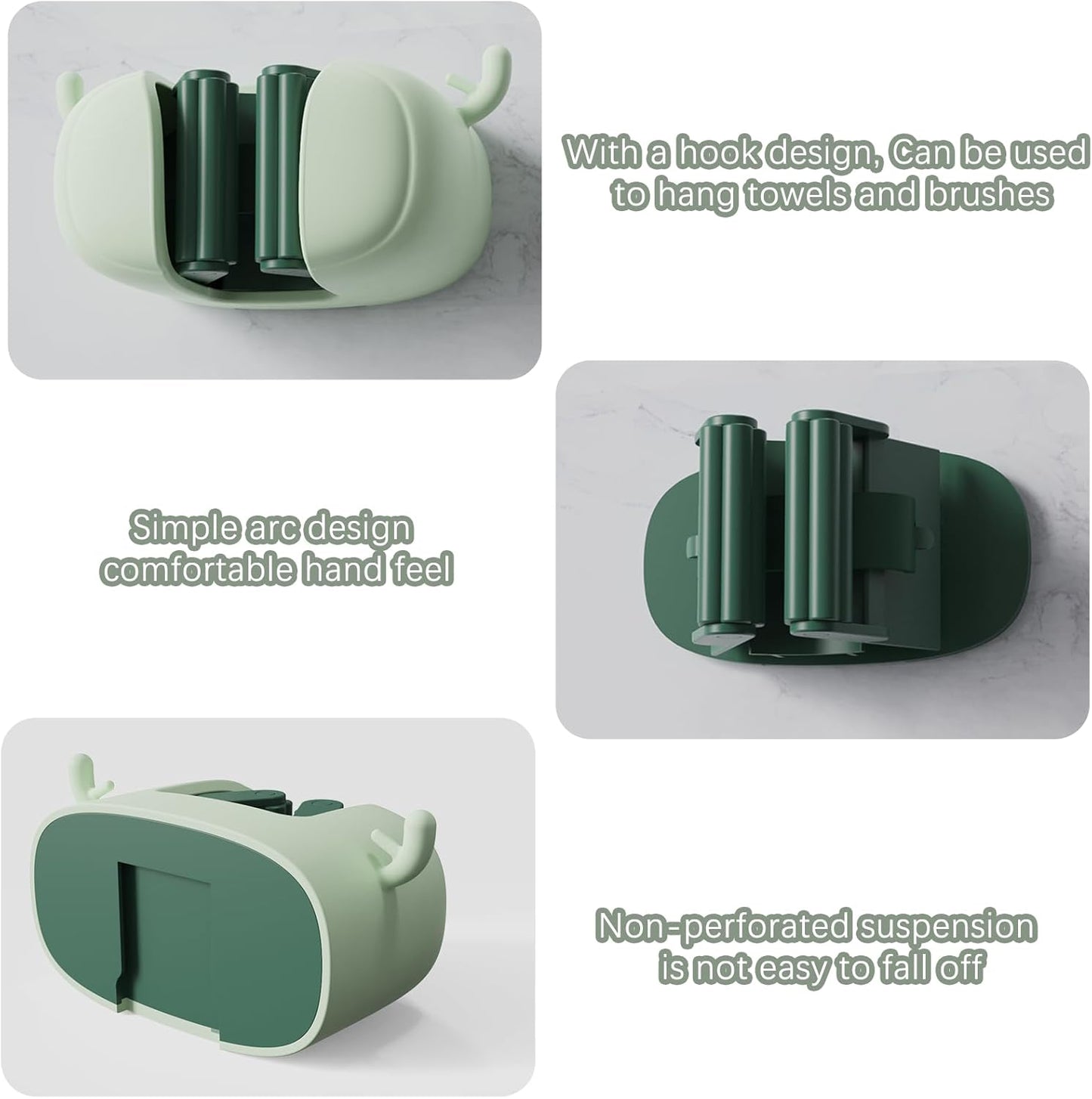 Self-Adhesive Toilet Brush Holder 2 Pack Green - No Drilling Required Wall Mounted Universal Bathroom WC Organizer