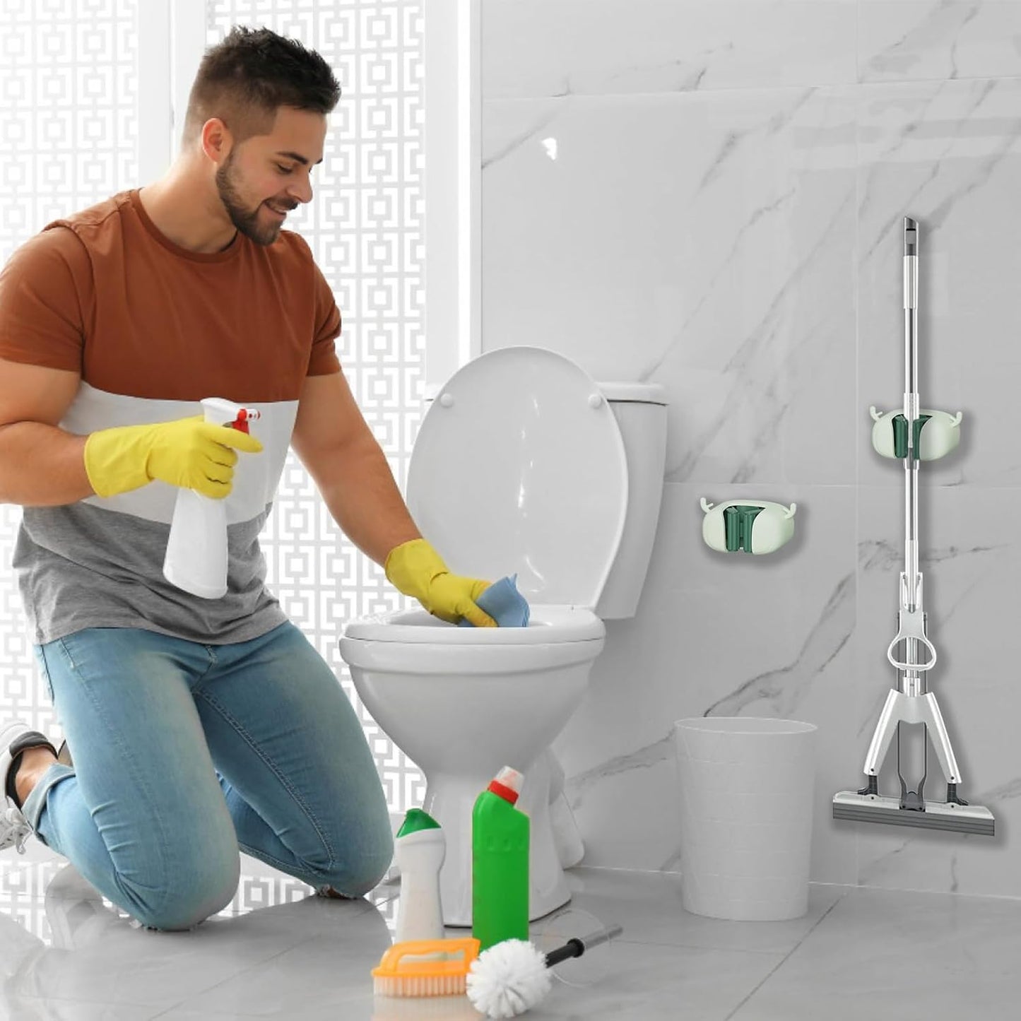 Self-Adhesive Toilet Brush Holder 2 Pack Green - No Drilling Required Wall Mounted Universal Bathroom WC Organizer
