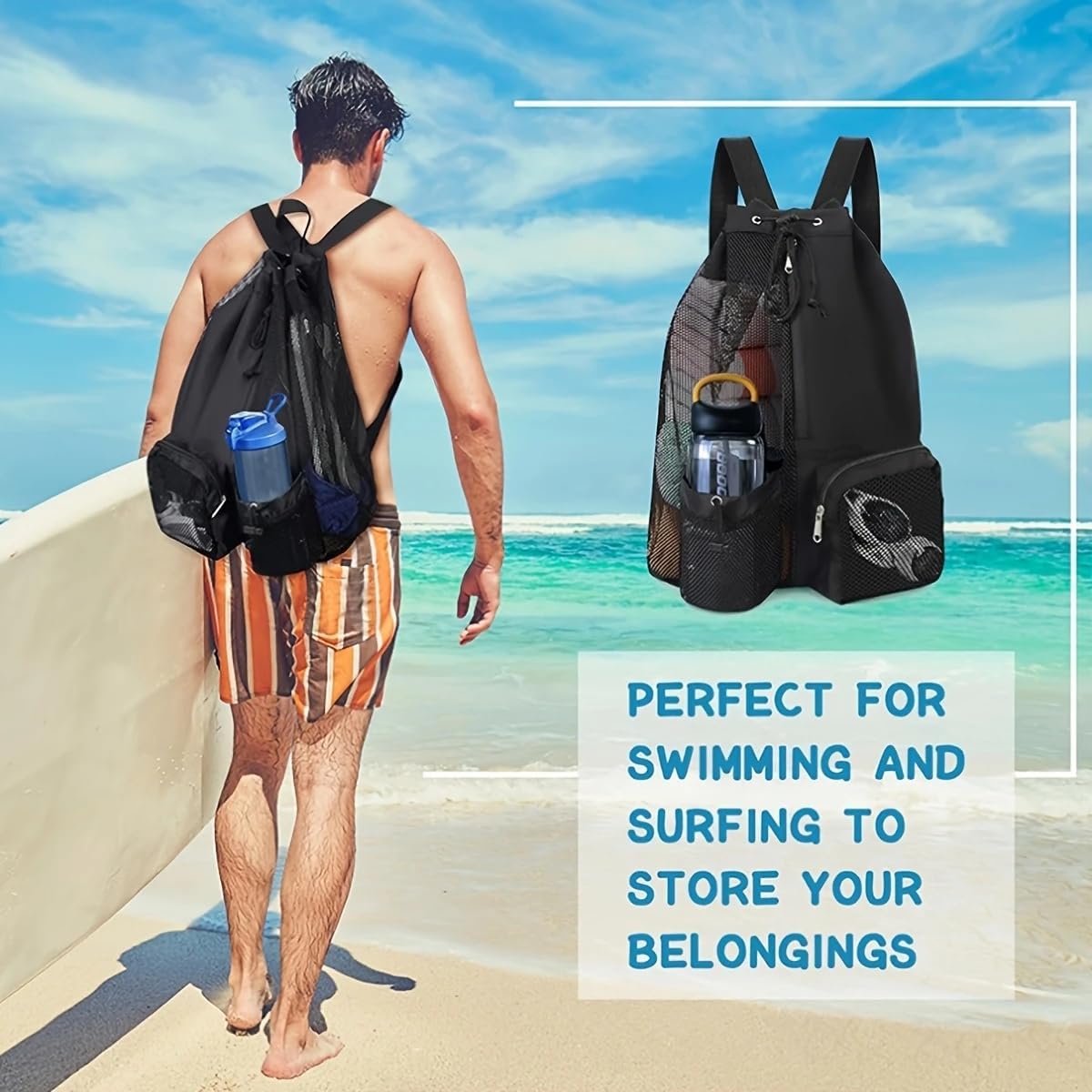 Large Mesh Gym Bag with Waterproof Compartment - Beach & Festival Backpack with Wet/Dry Separation
