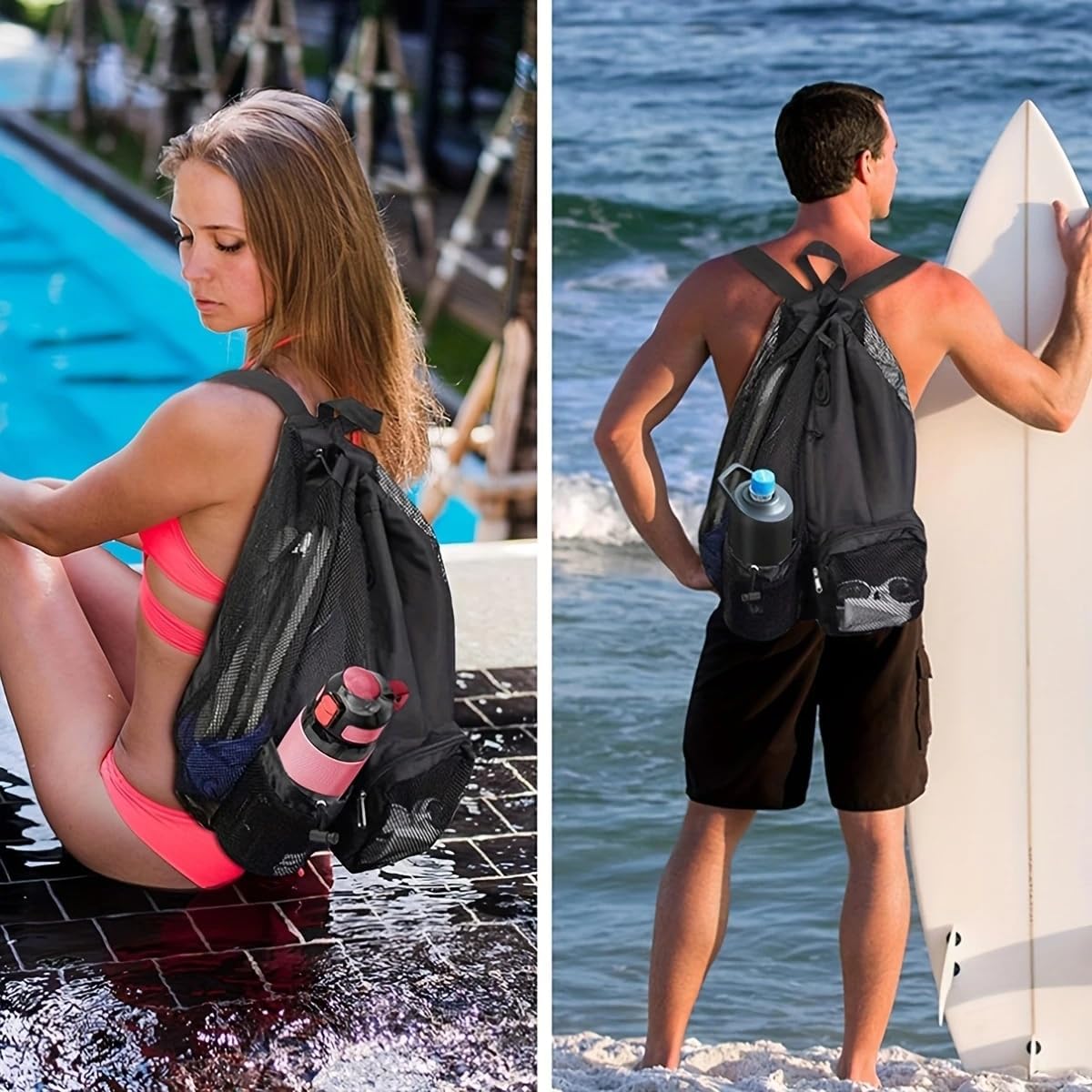 Large Mesh Gym Bag with Waterproof Compartment - Beach & Festival Backpack with Wet/Dry Separation