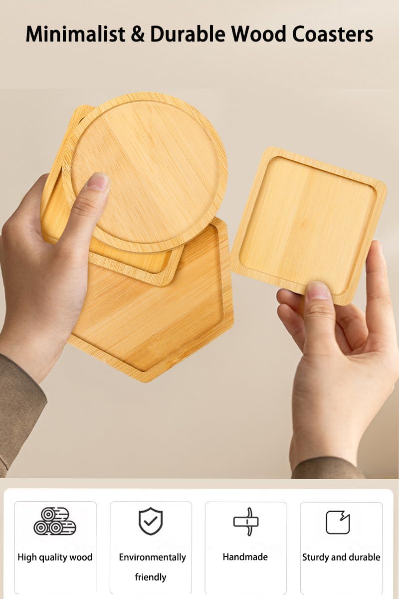 Bamboo Glass Coasters with Raised Edge Set of 4 - Heat & Water Ring Protection Table Mats - Rustic Style