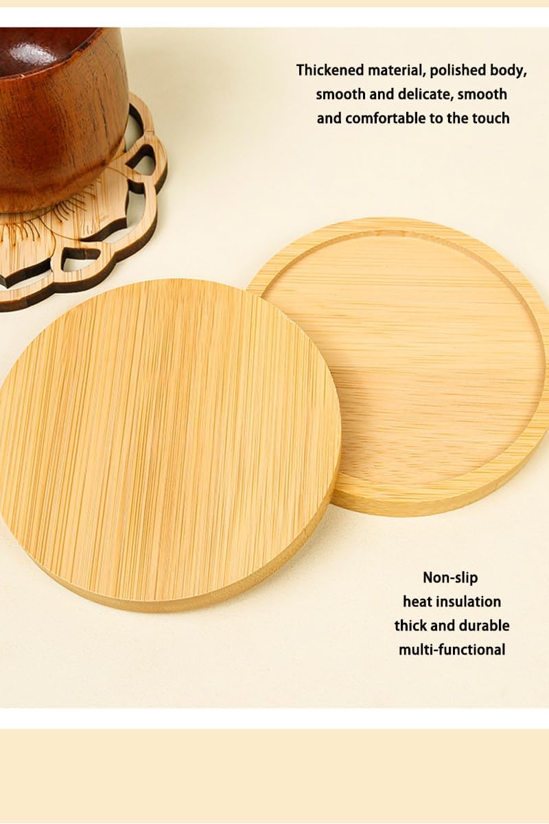 Bamboo Glass Coasters with Raised Edge Set of 4 - Heat & Water Ring Protection Table Mats - Rustic Style