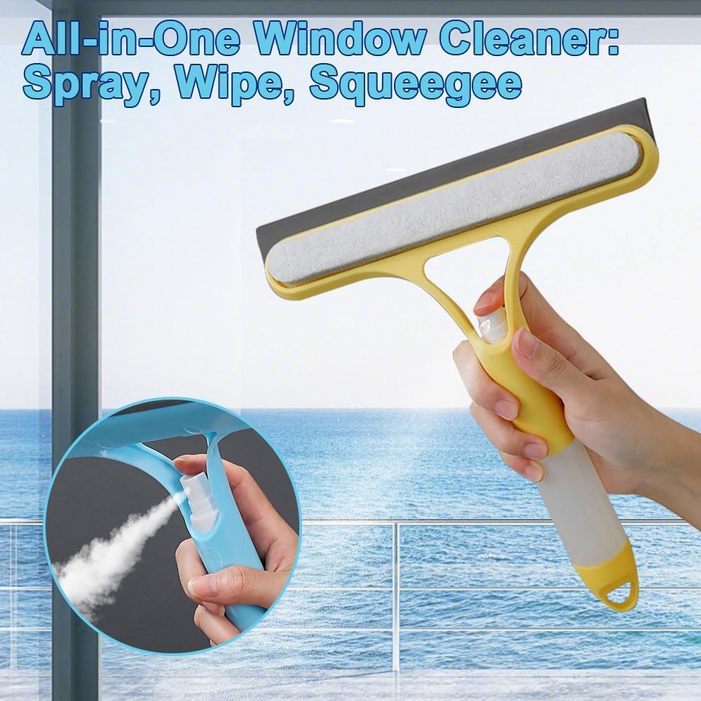 3-in-1 Window Wiper with Spray - Squeegee, Washer & Microfiber Cleaner for Streak-Free Windows, Showers & Cars - Set of 1