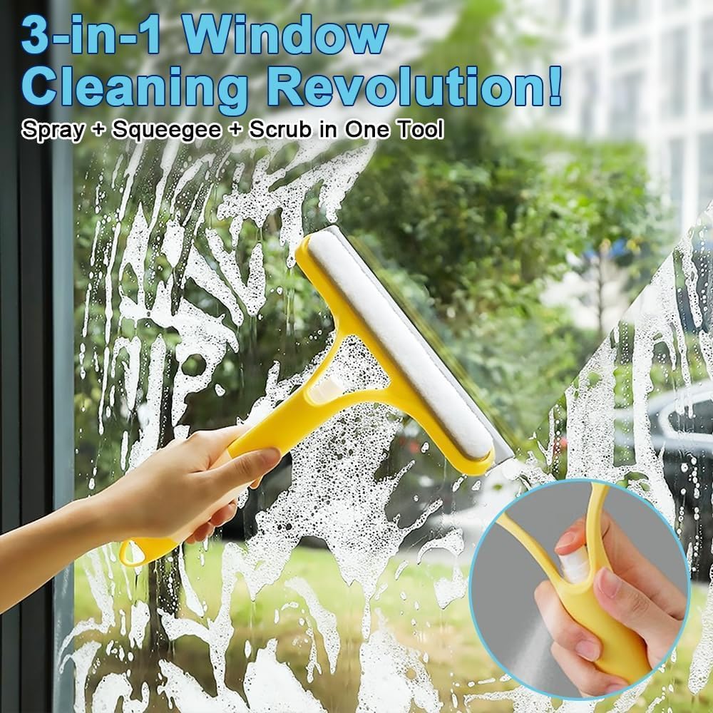 3-in-1 Window Wiper with Spray - Squeegee, Washer & Microfiber Cleaner for Streak-Free Windows, Showers & Cars - Set of 1