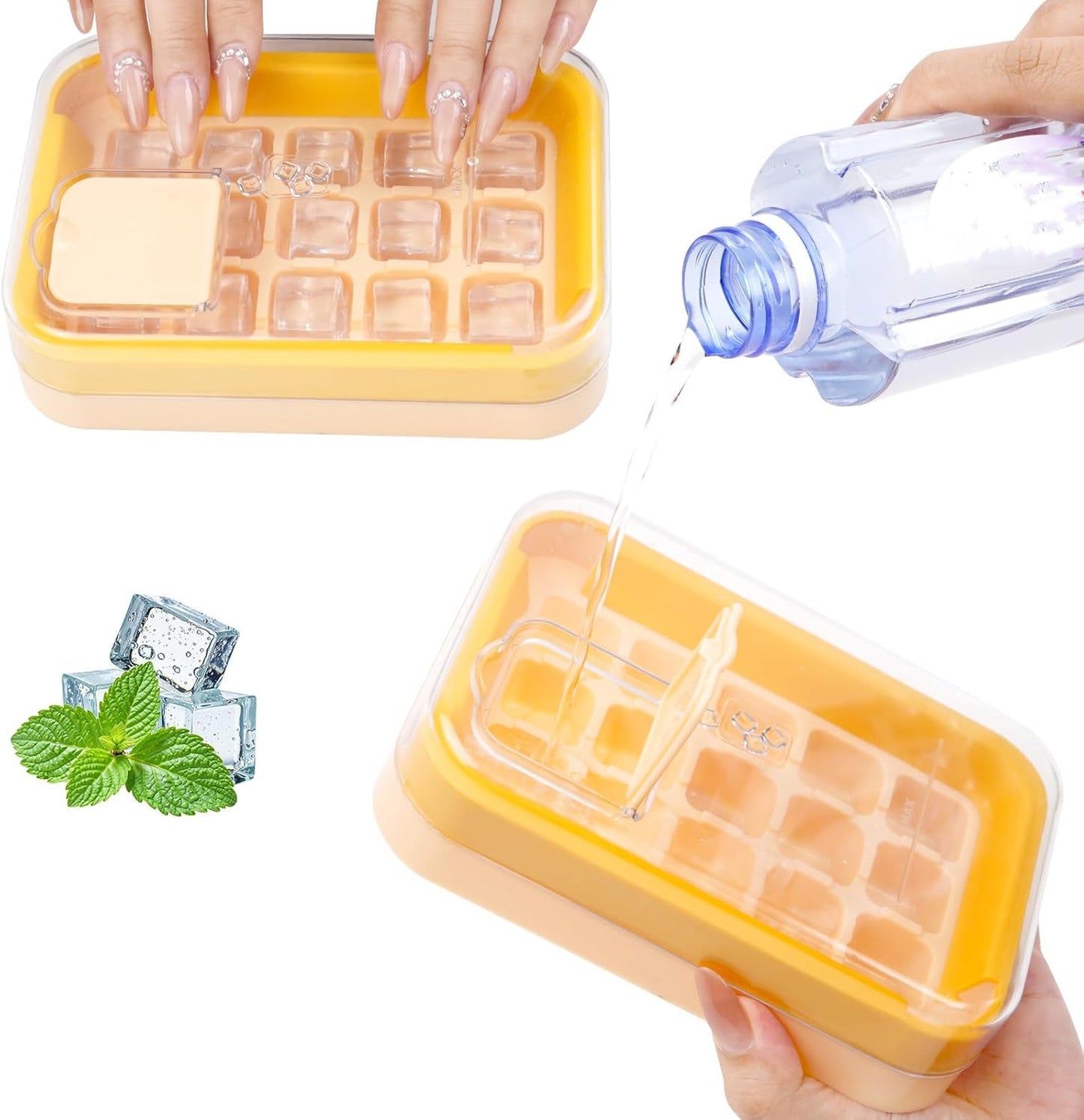2-in-1 Ice Cube Tray with Lid Easy Release One Press Ice Mold Set for Freezer
