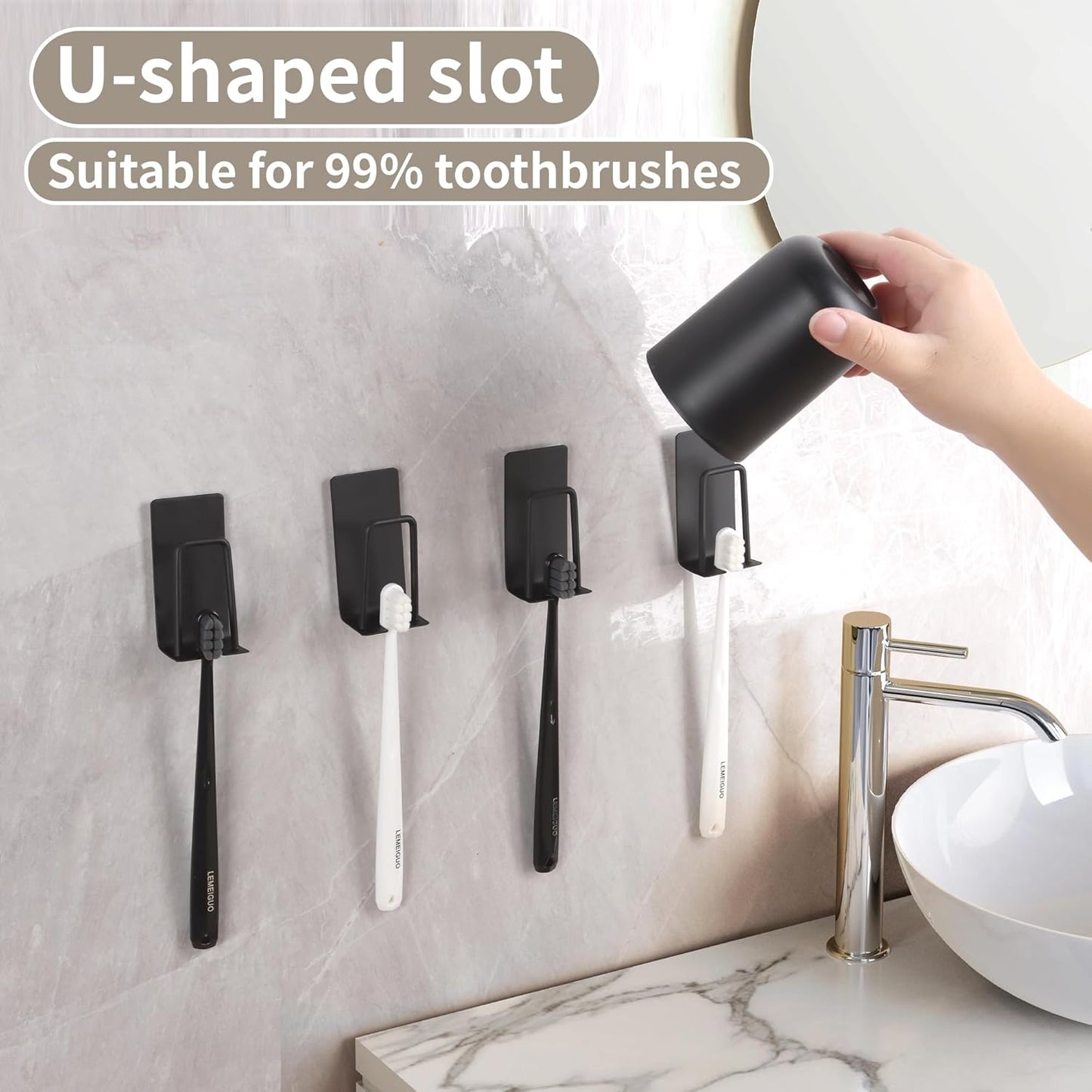 4 Pack Self-Adhesive Stainless Steel Wall Mount Toothbrush Holder No Drilling Required for Electric Toothbrushes Black
