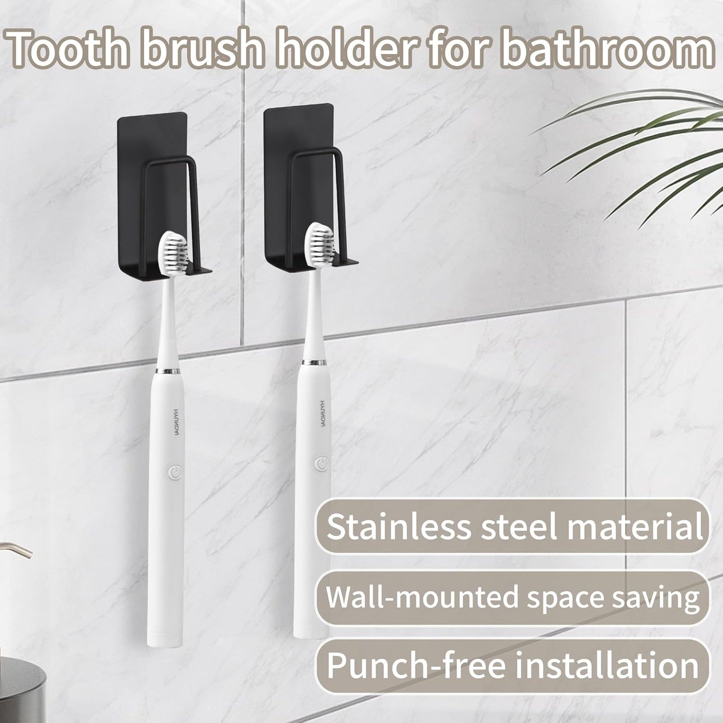 4 Pack Self-Adhesive Stainless Steel Wall Mount Toothbrush Holder No Drilling Required for Electric Toothbrushes Black