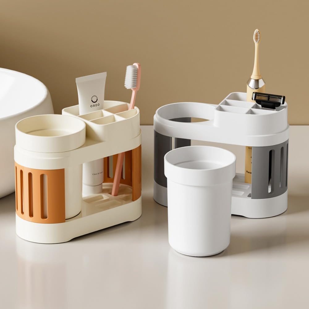 Multifunctional Toothbrush Holder with Toothpaste Dispenser and Cups - Wall-Mounted No Drilling - Bathroom Organizer Set