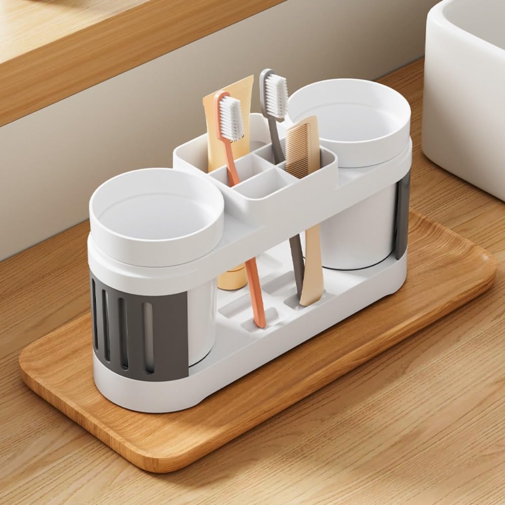 Multifunctional Toothbrush Holder with Toothpaste Dispenser and Cups - Wall-Mounted No Drilling - Bathroom Organizer Set
