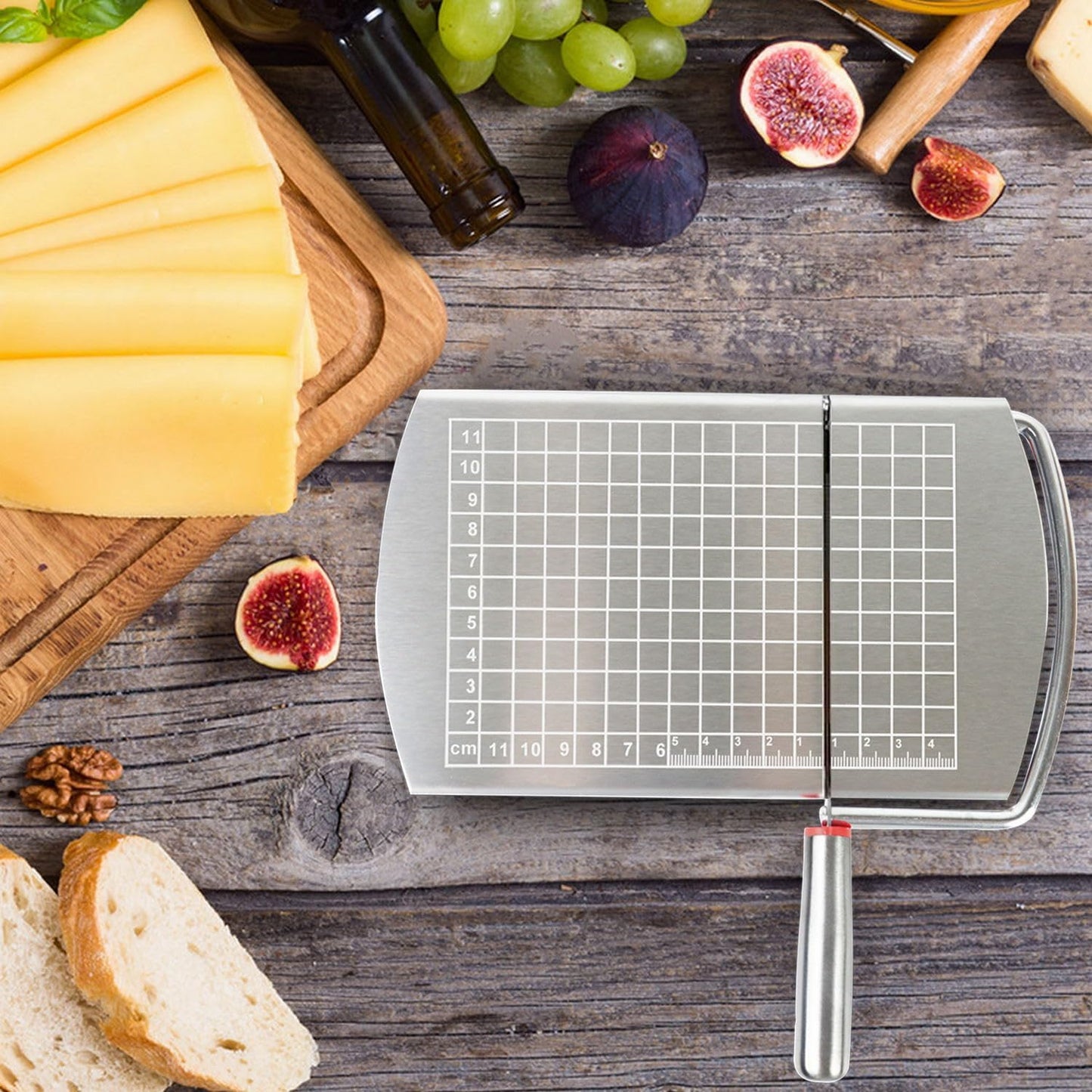 Stainless Steel Cheese Slicer with Cutting Wire and Measurement Markings for Precise Slices & Cubes - Ideal for Charcuterie Boards - Set of 1