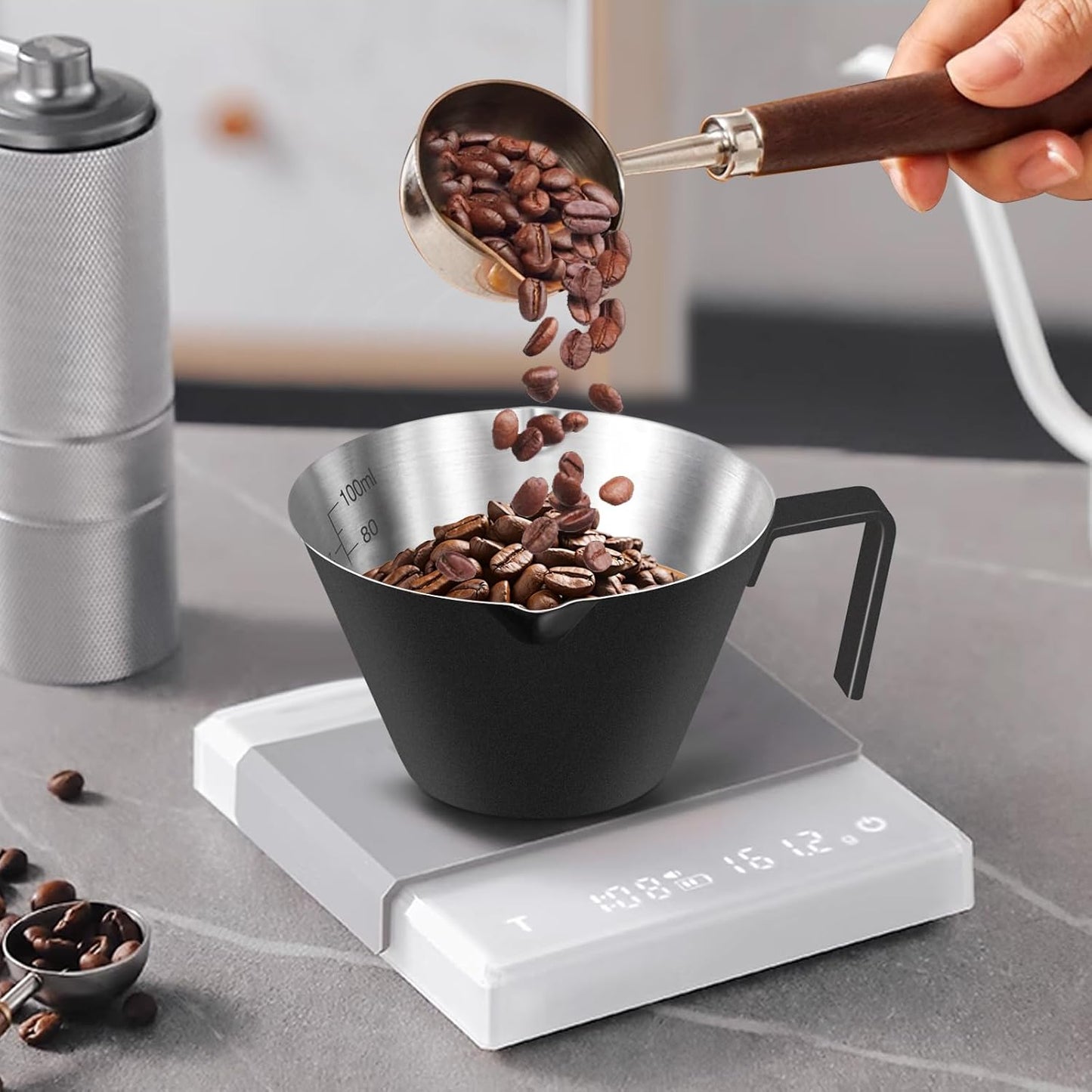 Stainless Steel Double Wall Espresso Cup with Handle 100ml Weighable Coffee Beans Measuring Cup