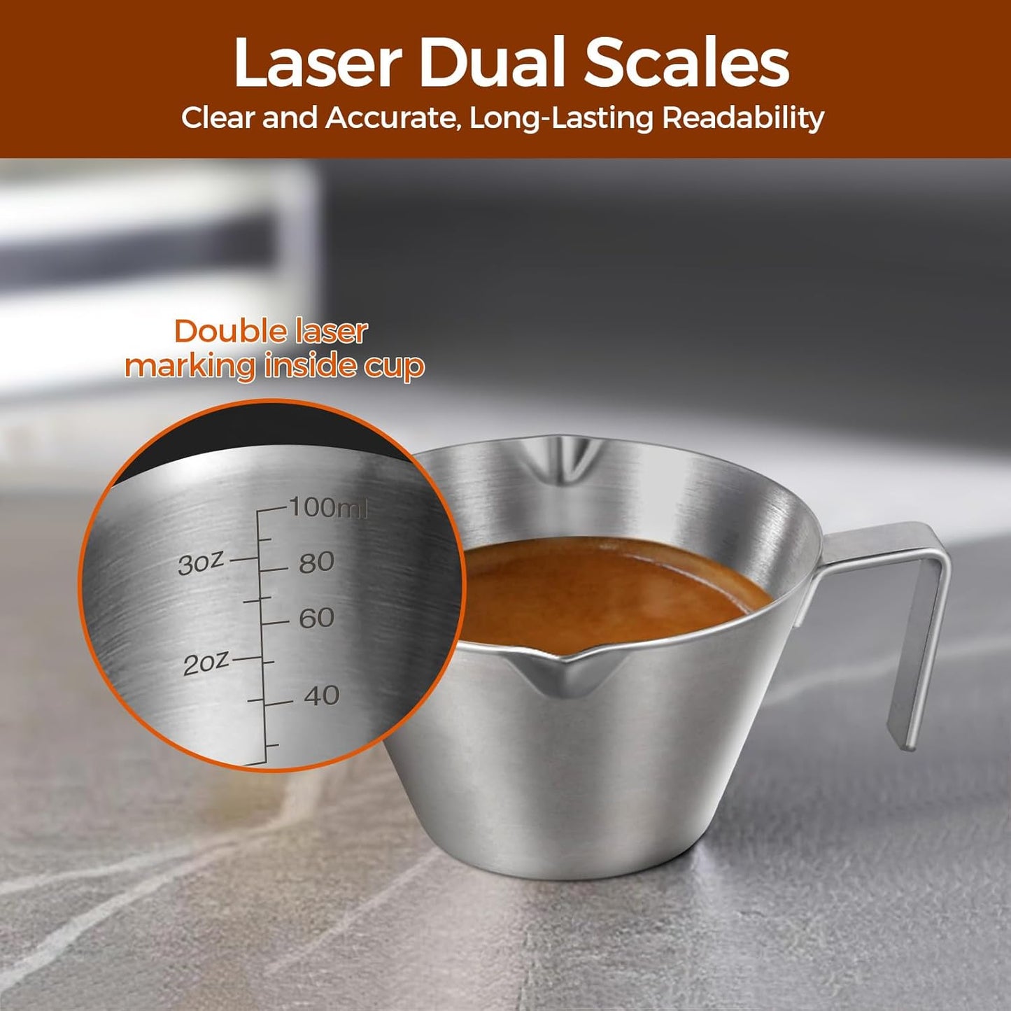 Stainless Steel Double Wall Espresso Cup with Handle 100ml Weighable Coffee Beans Measuring Cup