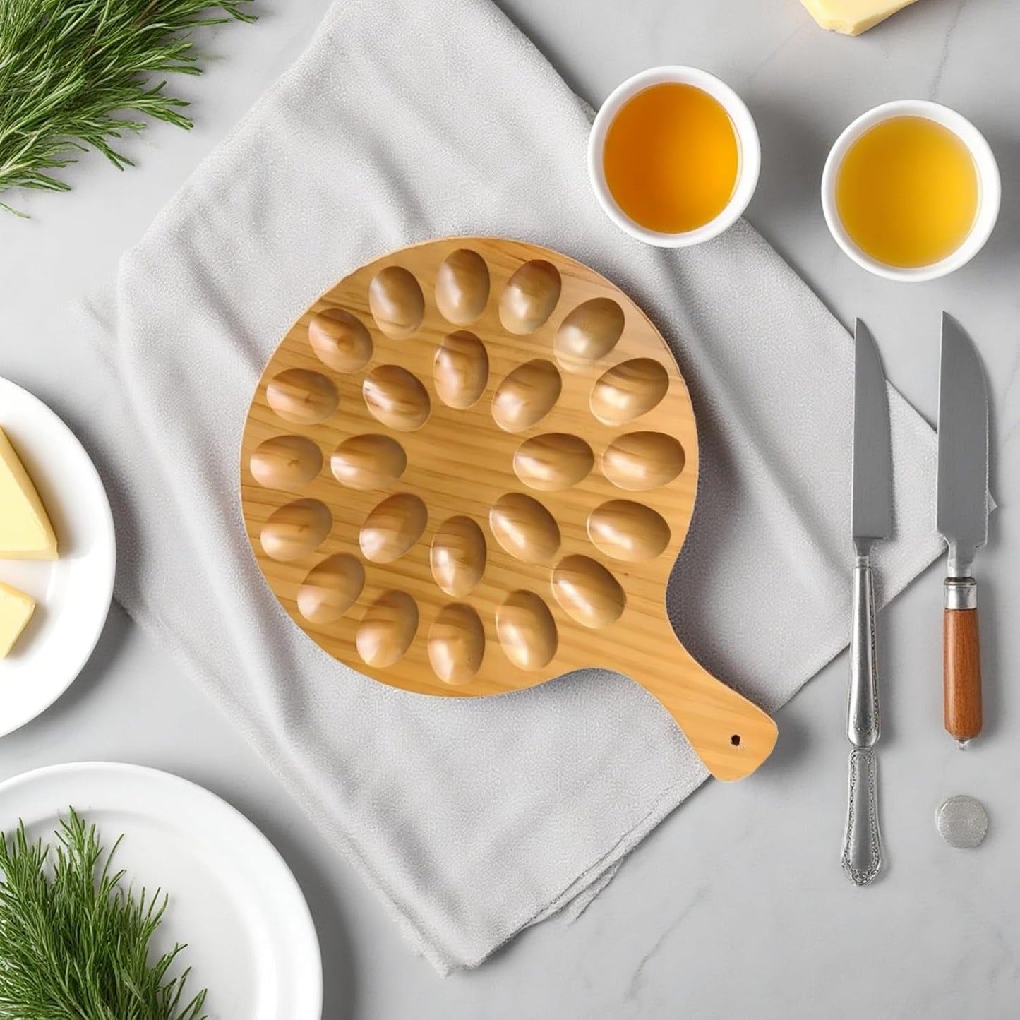 Round Wooden Serving Tray with Handle 24 Holes for Storing Deviled Eggs Sustainable Wood Design