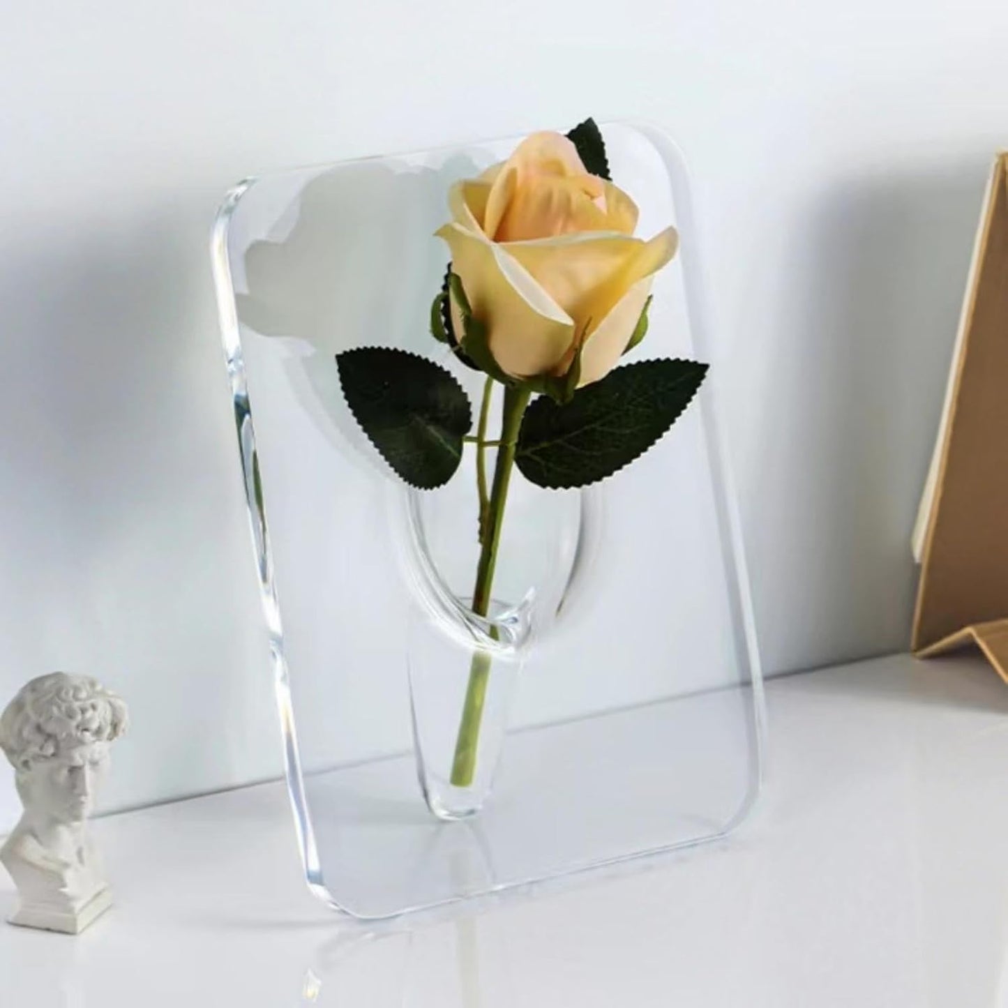 Clear Acrylic Photo Frame Vase - Modern Style Decorative Vase for Office Bookshelf Bedroom Living Room - Unique Home Decor Piece