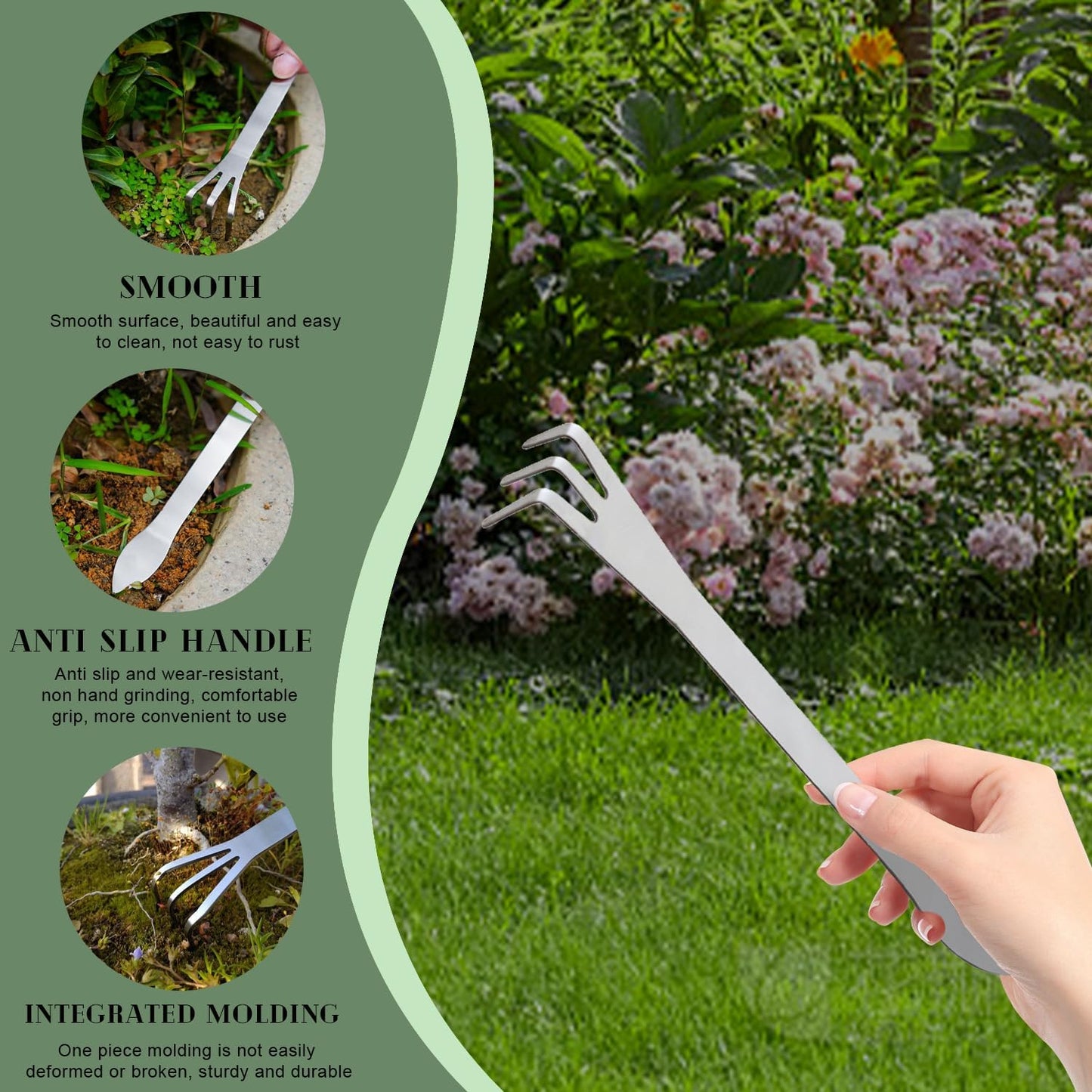 2 Pack Stainless Steel 3-Tine Root Rake Mini Candy Grip Handle Garden Tool