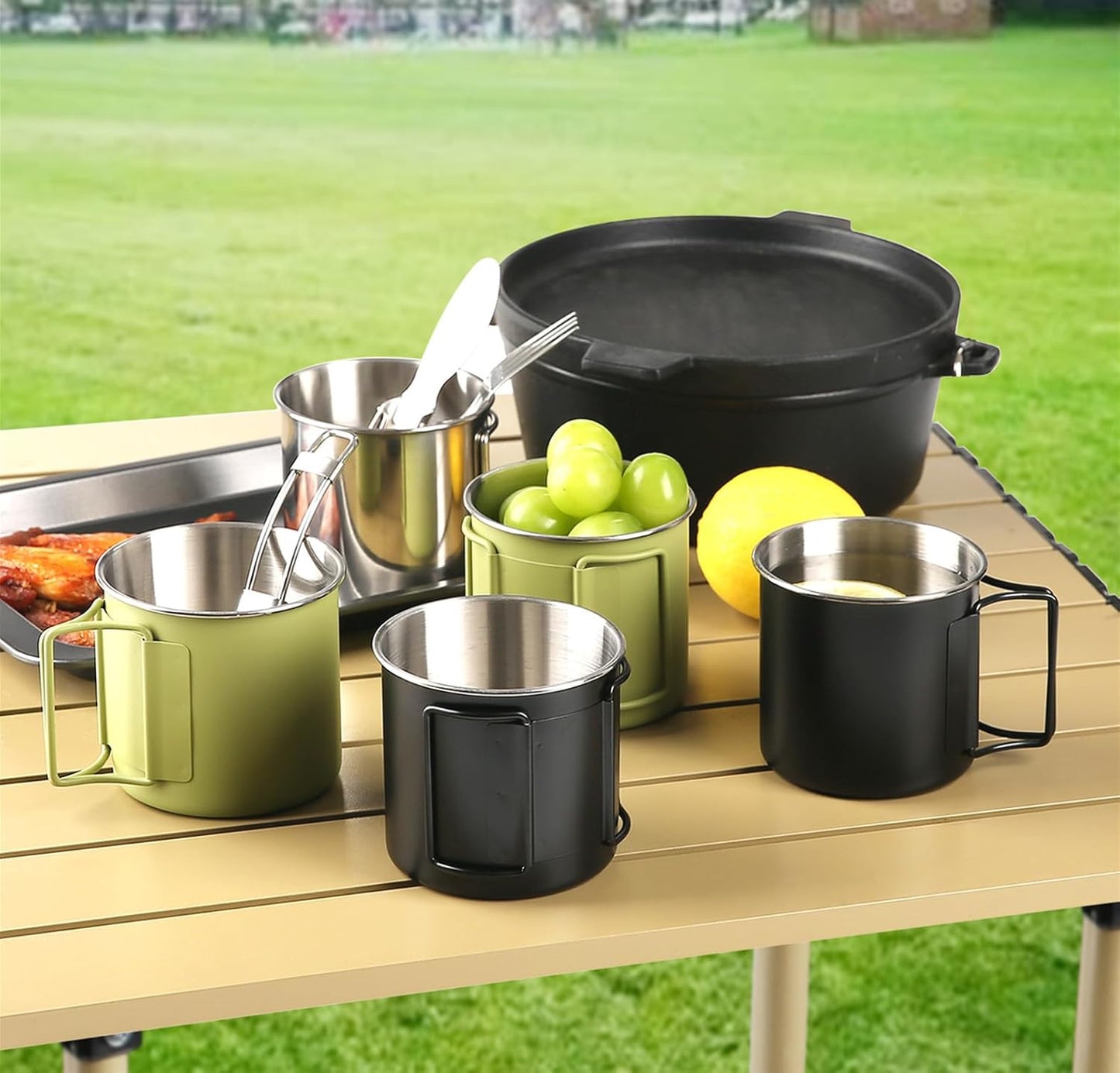 2 Pack Foldable Handle Stainless Steel Camping Mugs 12 oz Portable for Outdoor Picnic Hiking Backpacking Travel Coffee Mug Set