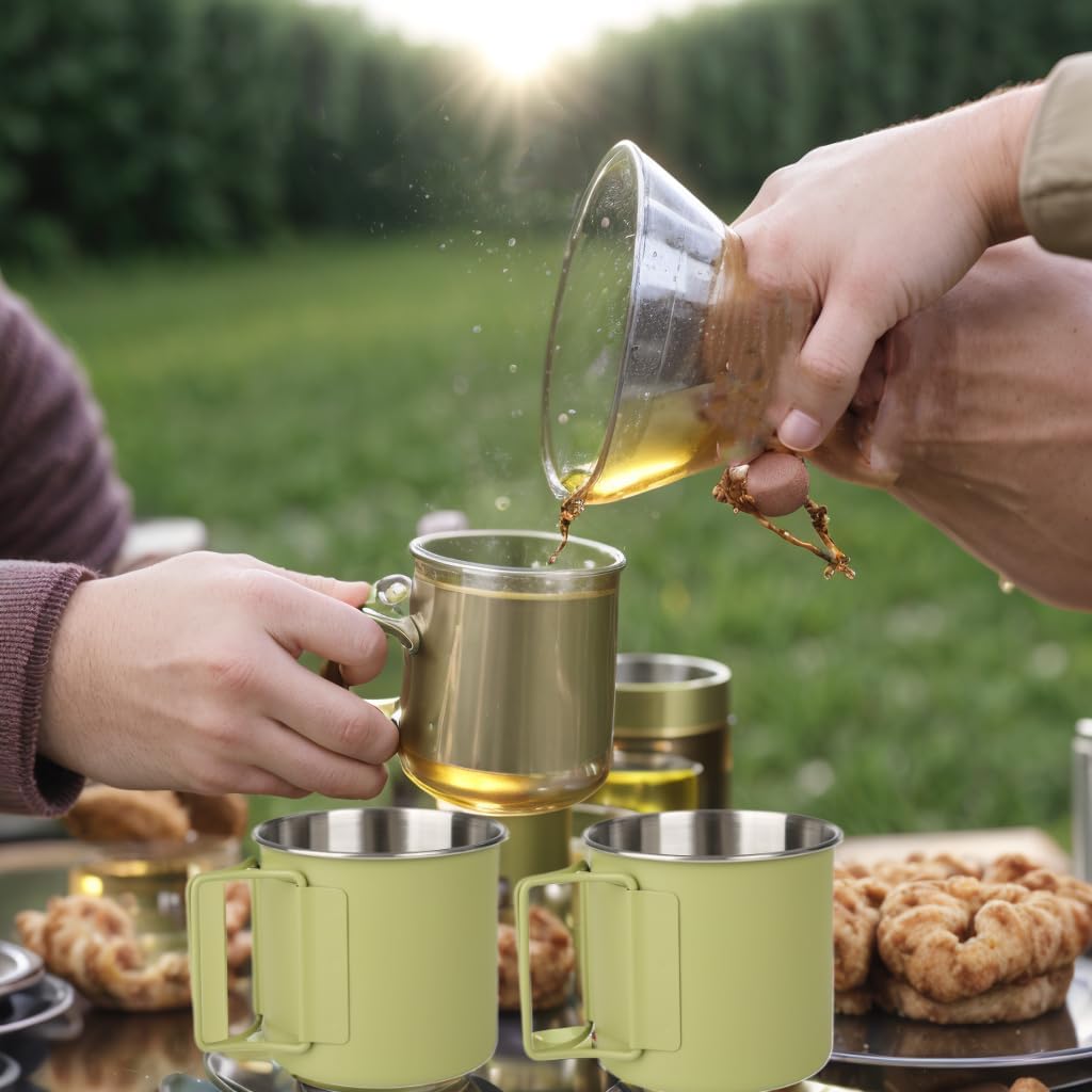 2 Pack Foldable Handle Stainless Steel Camping Mugs 12 oz Portable for Outdoor Picnic Hiking Backpacking Travel Coffee Mug Set