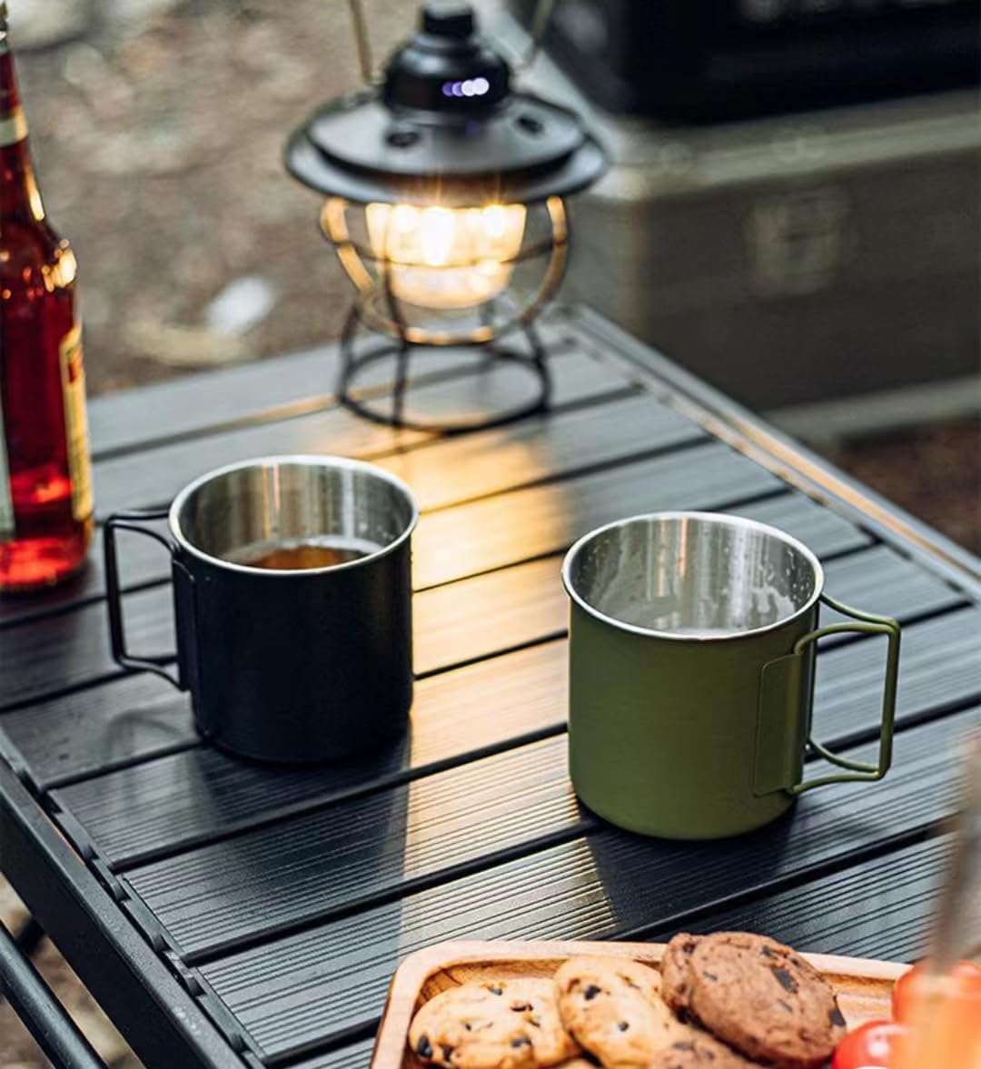 2 Pack Foldable Handle Stainless Steel Camping Mugs 12 oz Portable for Outdoor Picnic Hiking Backpacking Travel Coffee Mug Set