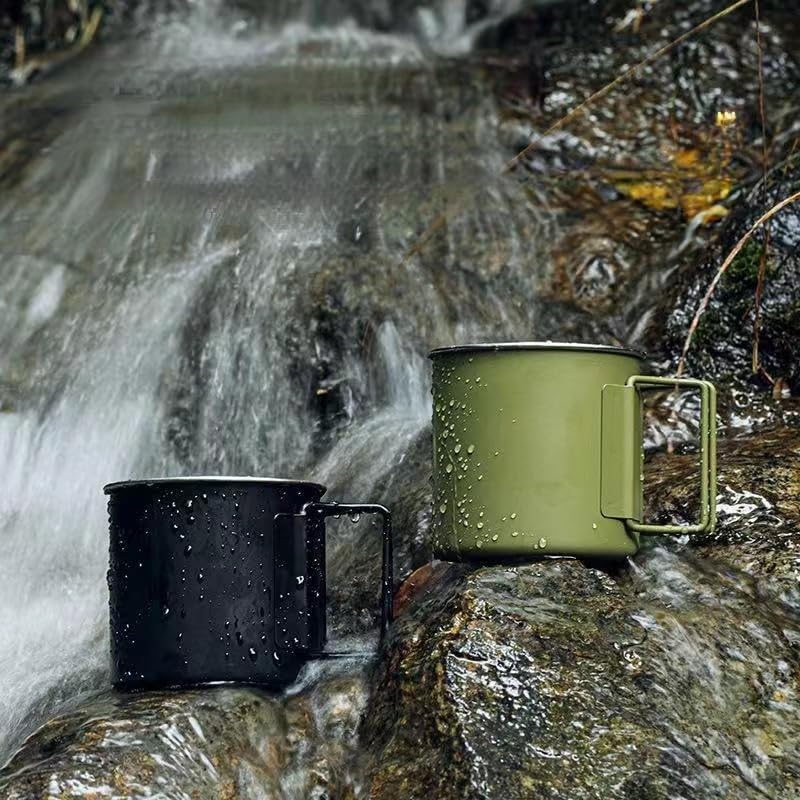 2 Pack Foldable Handle Stainless Steel Camping Mugs 12 oz Portable for Outdoor Picnic Hiking Backpacking Travel Coffee Mug Set