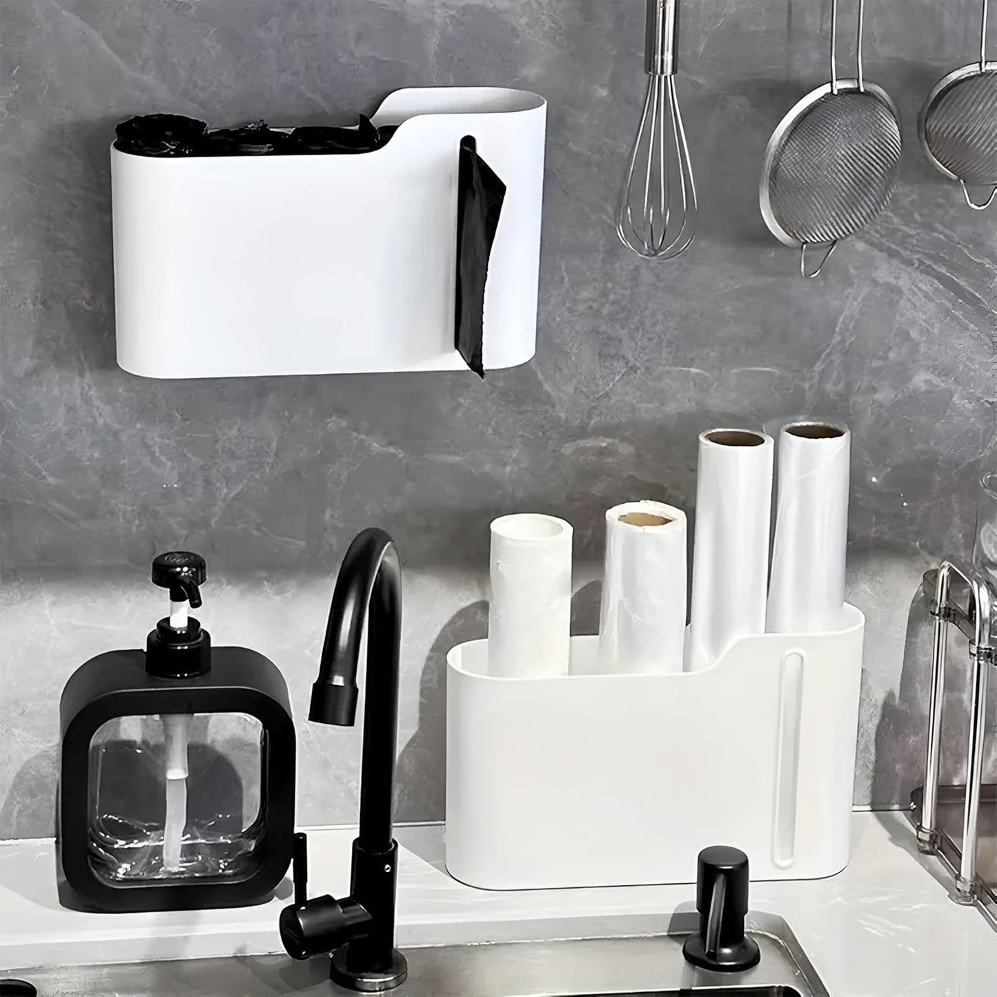 Multifunctional Wall-Mounted Storage Rack Set No Drilling Required Trash Bag Holder Bathroom Dispenser