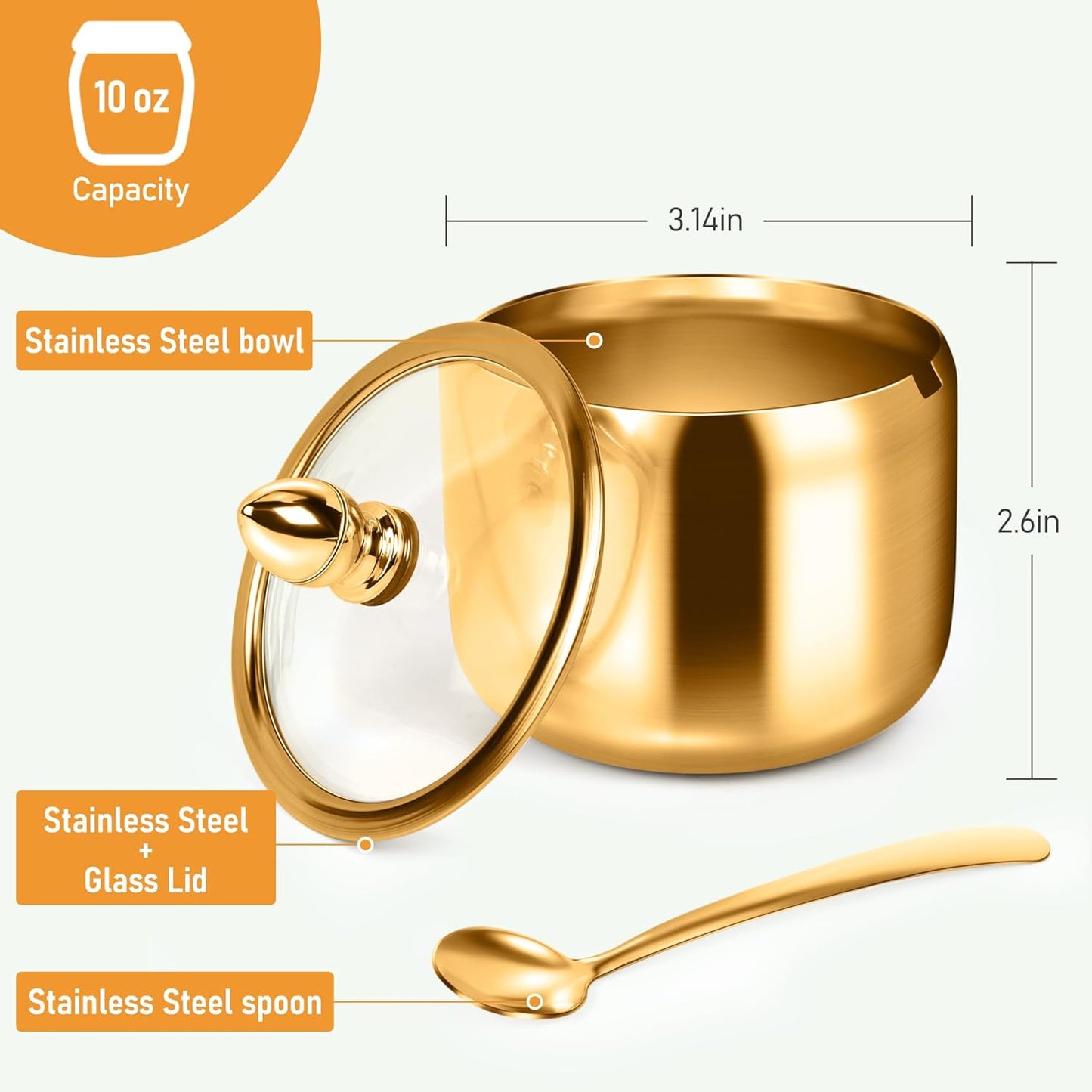 Gold Sugar Bowls with Glass Lids and Spoons 10 oz Set for Coffee Bar Kitchen Storage of Salt Candy Coffee Beans