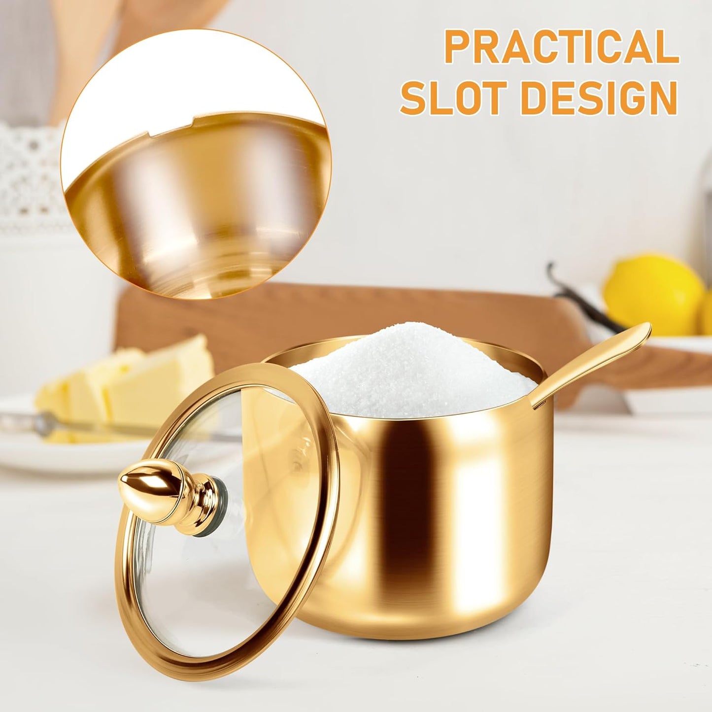 Gold Sugar Bowls with Glass Lids and Spoons 10 oz Set for Coffee Bar Kitchen Storage of Salt Candy Coffee Beans