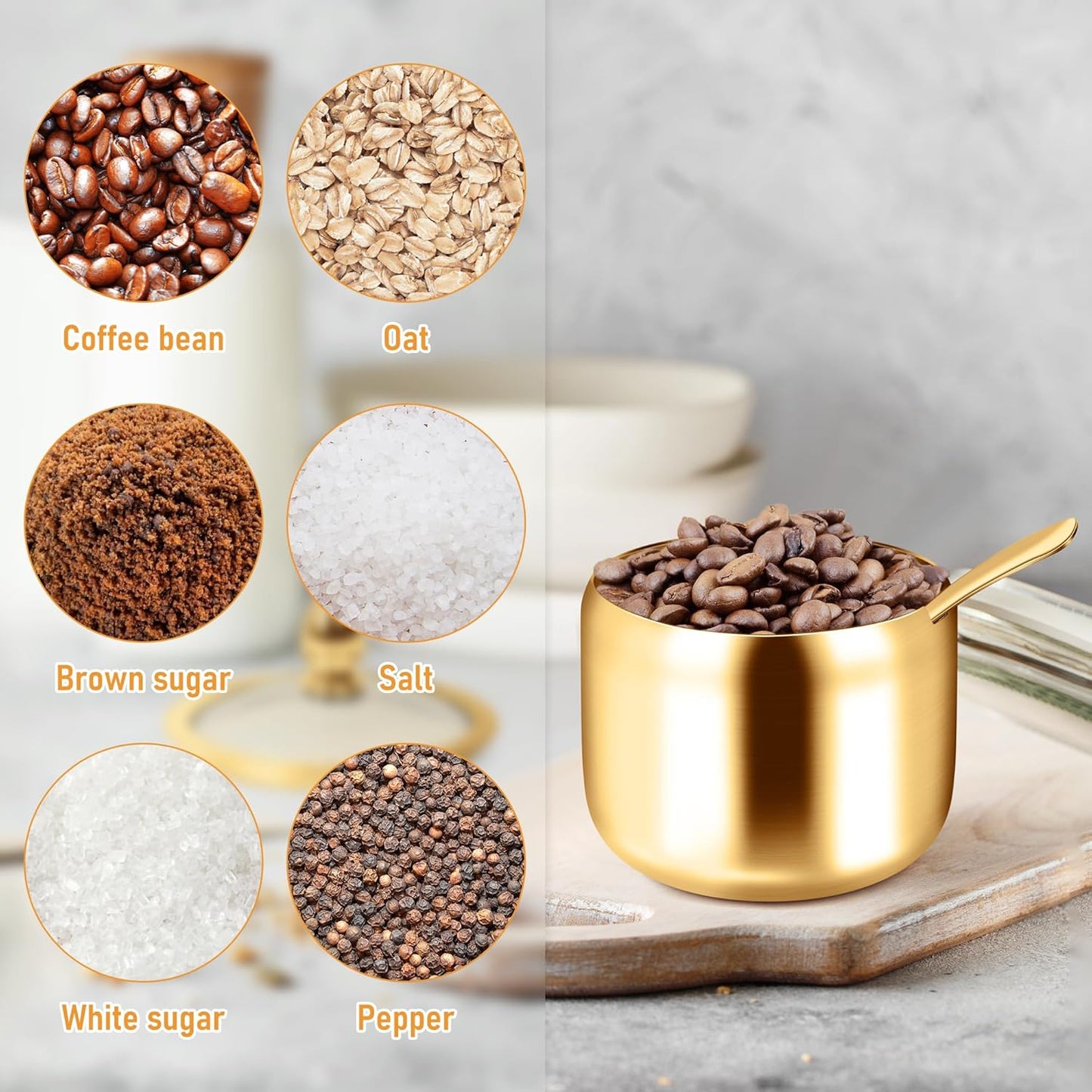 Gold Sugar Bowls with Glass Lids and Spoons 10 oz Set for Coffee Bar Kitchen Storage of Salt Candy Coffee Beans