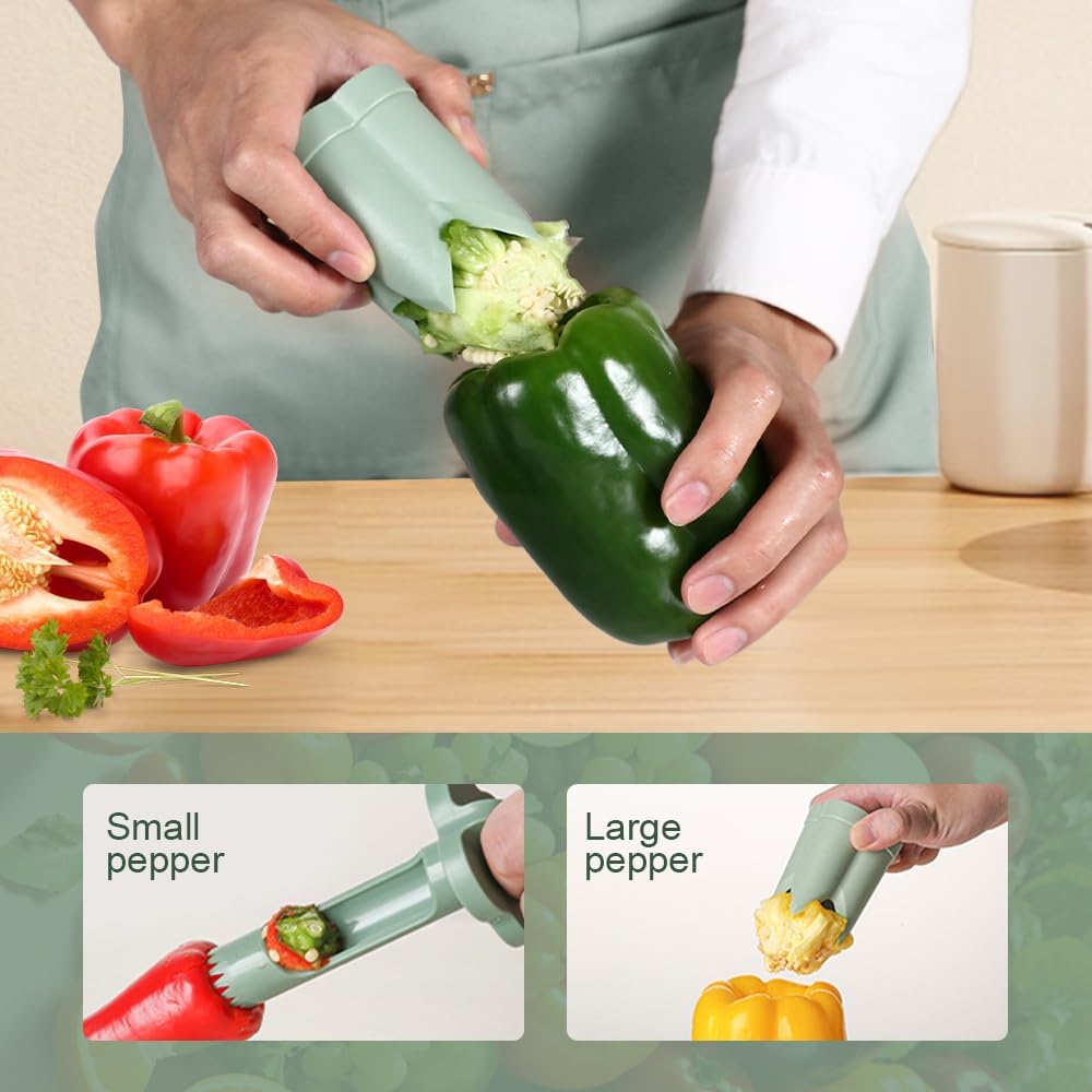 2-in-1 Green Capsicum Slicer and Seed Remover Tool - Fast Vegetable Seed Extractor Kitchen Gadget for Paprika