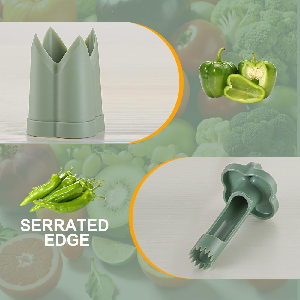 2-in-1 Green Capsicum Slicer and Seed Remover Tool - Fast Vegetable Seed Extractor Kitchen Gadget for Paprika