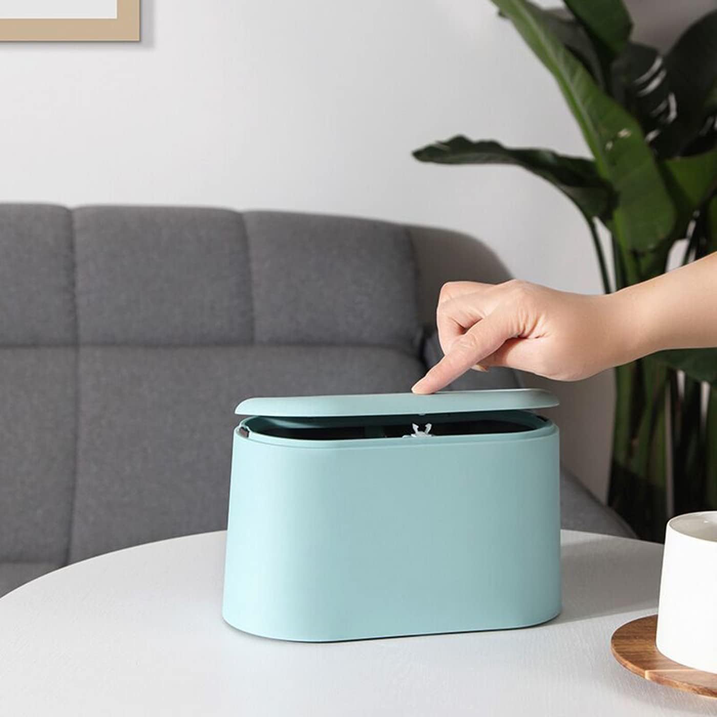 Mini Waste Bin with Lid - Blue - Small Plastic Trash Can for Bathroom Desk Kitchen Office - Removable Compact Rubbish Bin for Countertop Vanity Tabletop