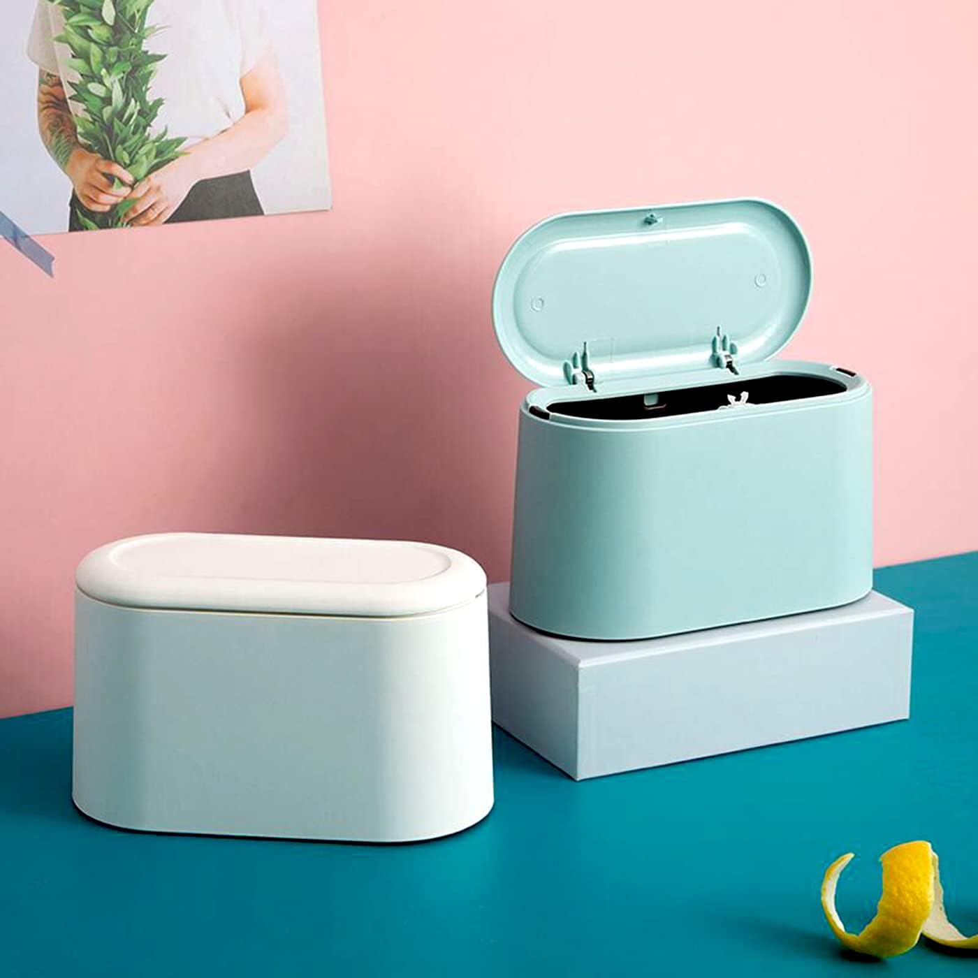 Mini Waste Bin with Lid - Blue - Small Plastic Trash Can for Bathroom Desk Kitchen Office - Removable Compact Rubbish Bin for Countertop Vanity Tabletop