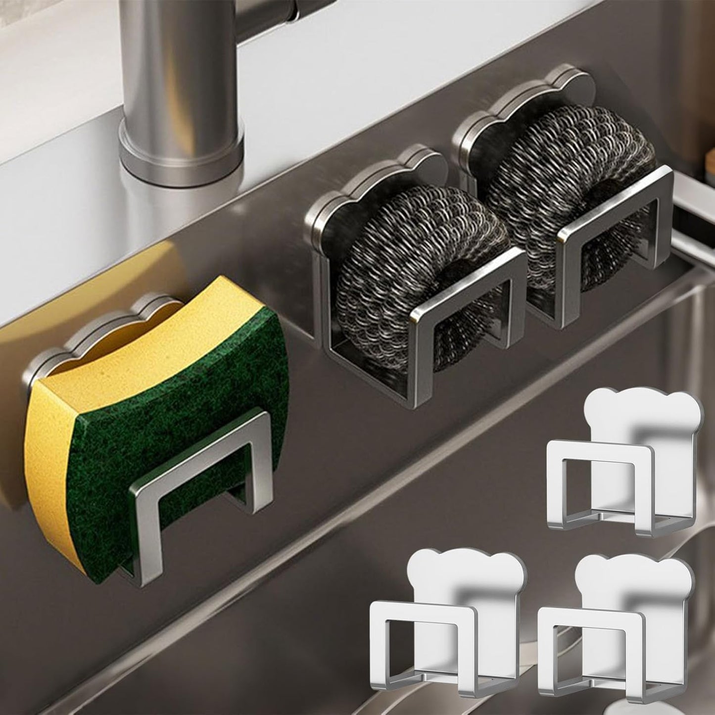 3-Piece Kitchen Sink Organizer Rack Self-Adhesive Stainless Steel Hanging Hooks for Dish Towels Accessories No Drilling Required