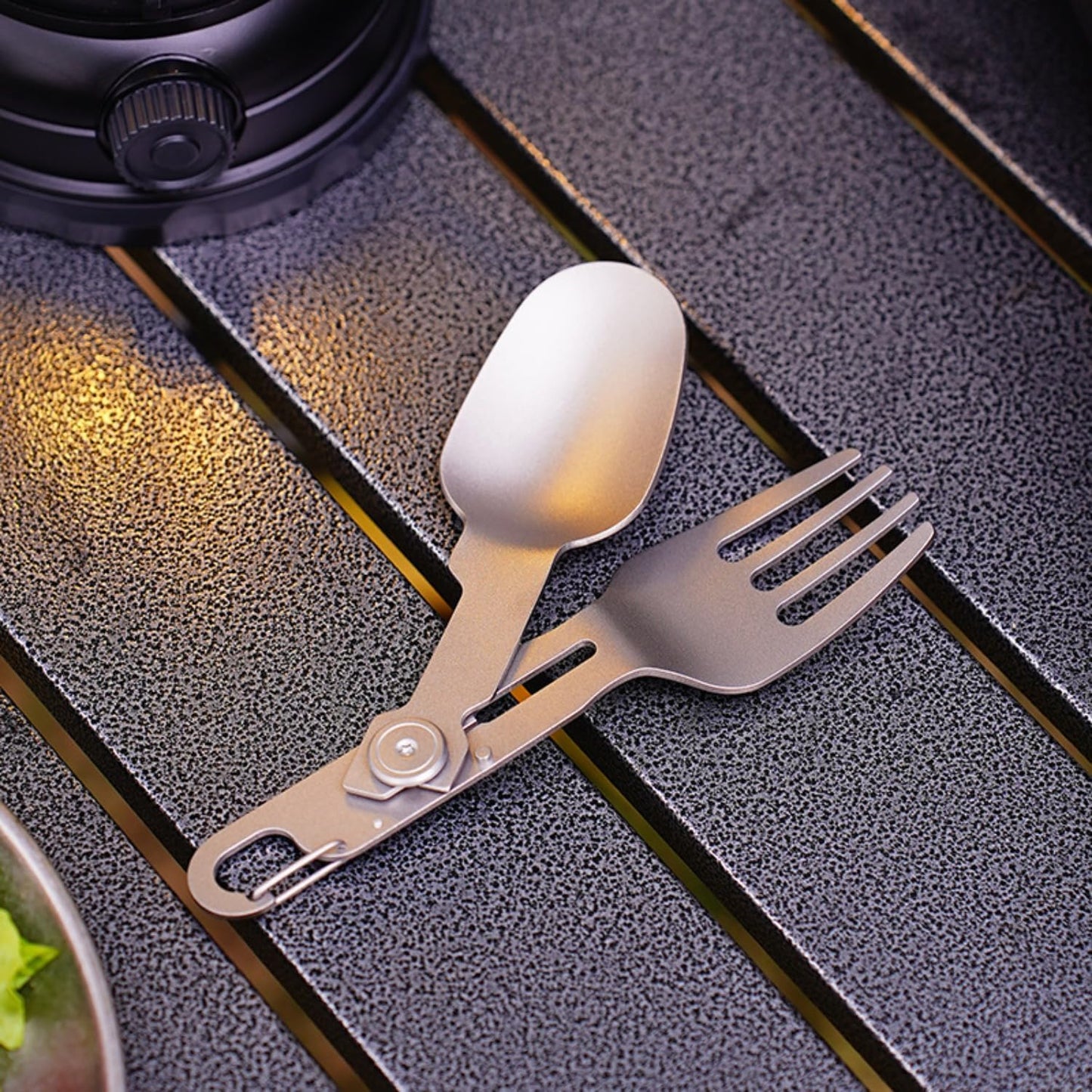 2-in-1 Folding Titanium Cutlery 13cm Silver Camping Spoon & Fork Lightweight Travel Outdoor Utensil