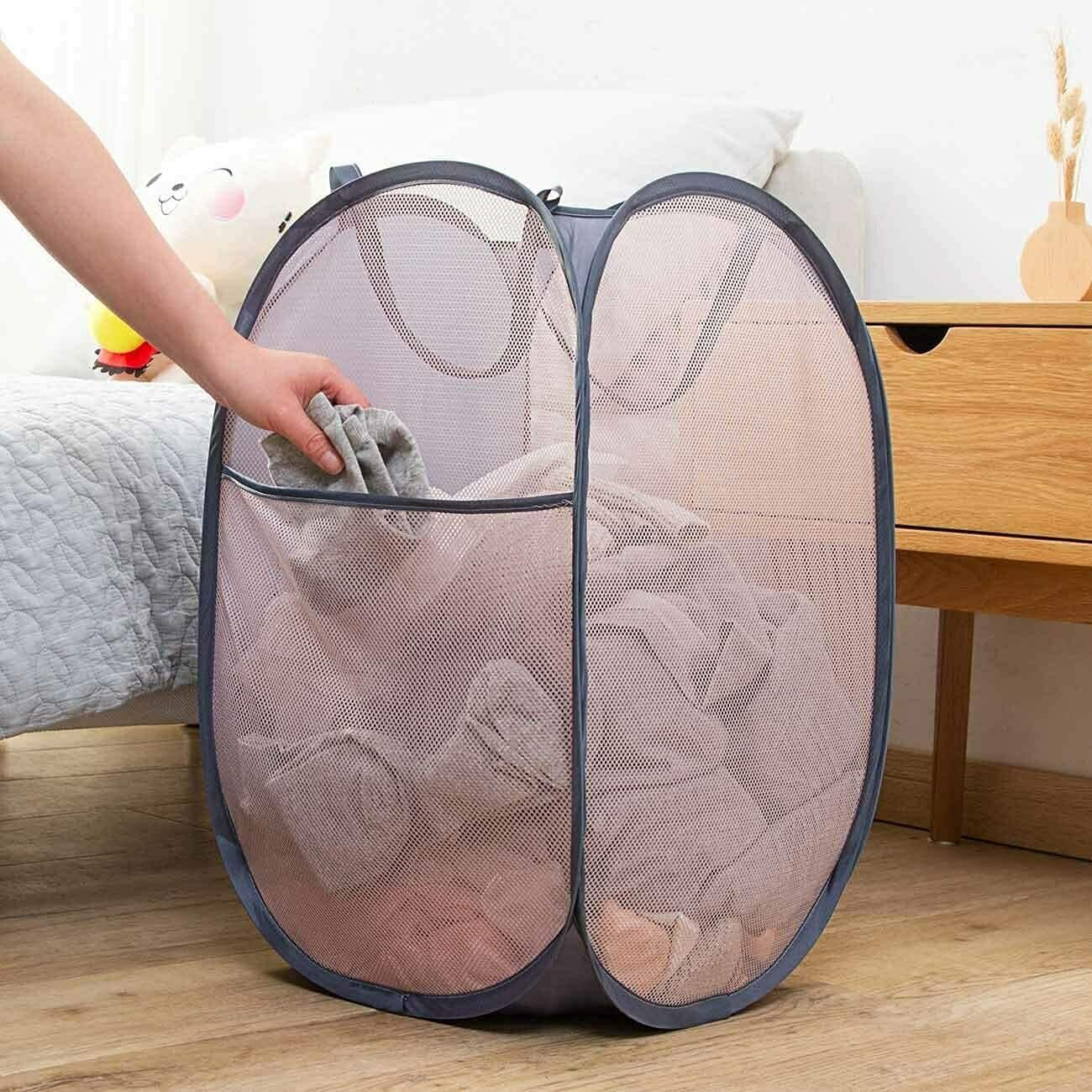 2 Pack Foldable Mesh Laundry Baskets with Reinforced Handles Grey Portable for Home Travel Student Use