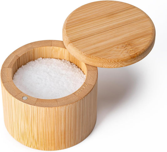 Bamboo Salt Grinder with Magnetic Rotating Lid Round Salt Container for Storing Salt Pepper Sugar and Spices 1 Piece