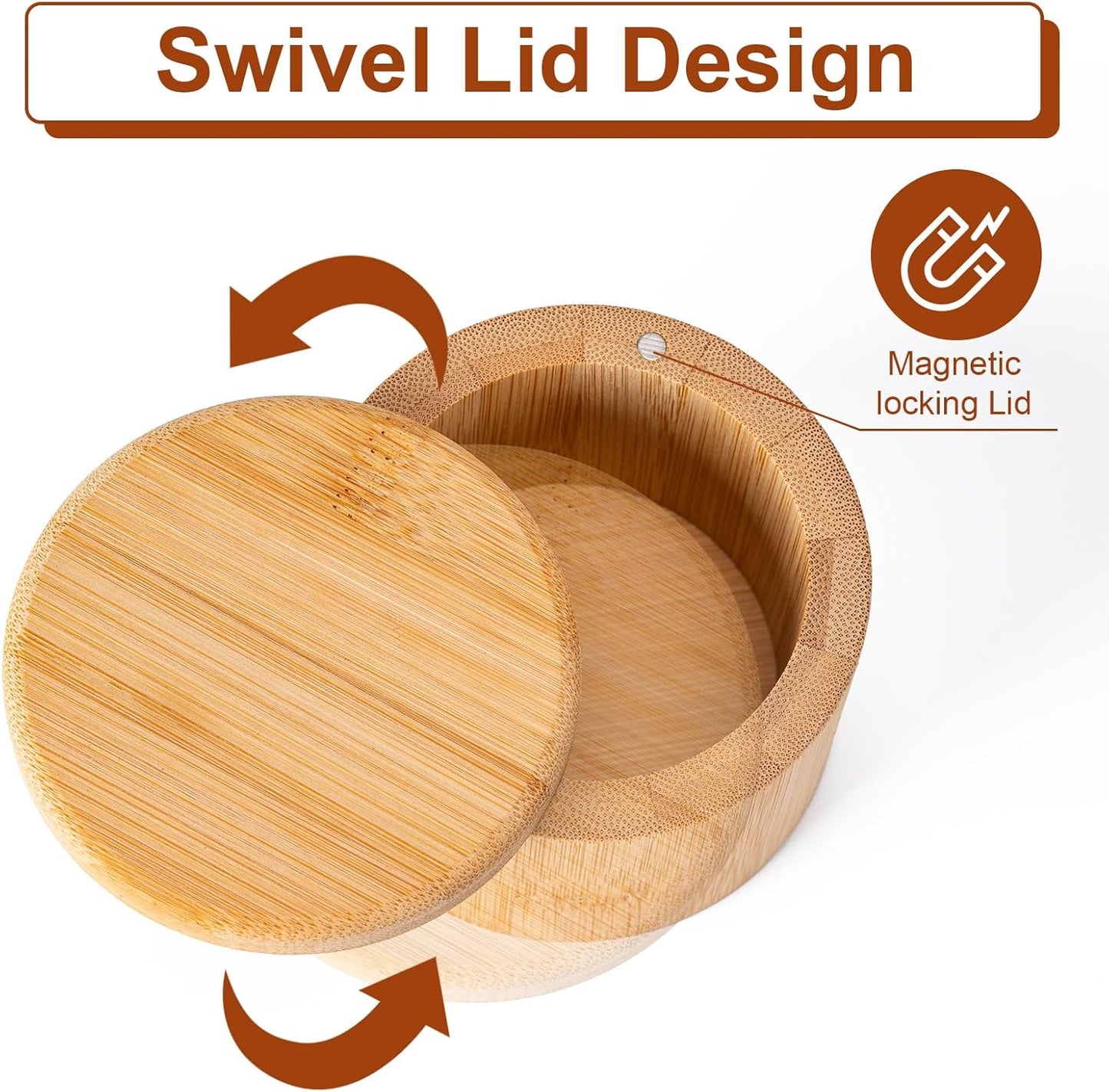 Bamboo Salt Grinder with Magnetic Rotating Lid Round Salt Container for Storing Salt Pepper Sugar and Spices 1 Piece