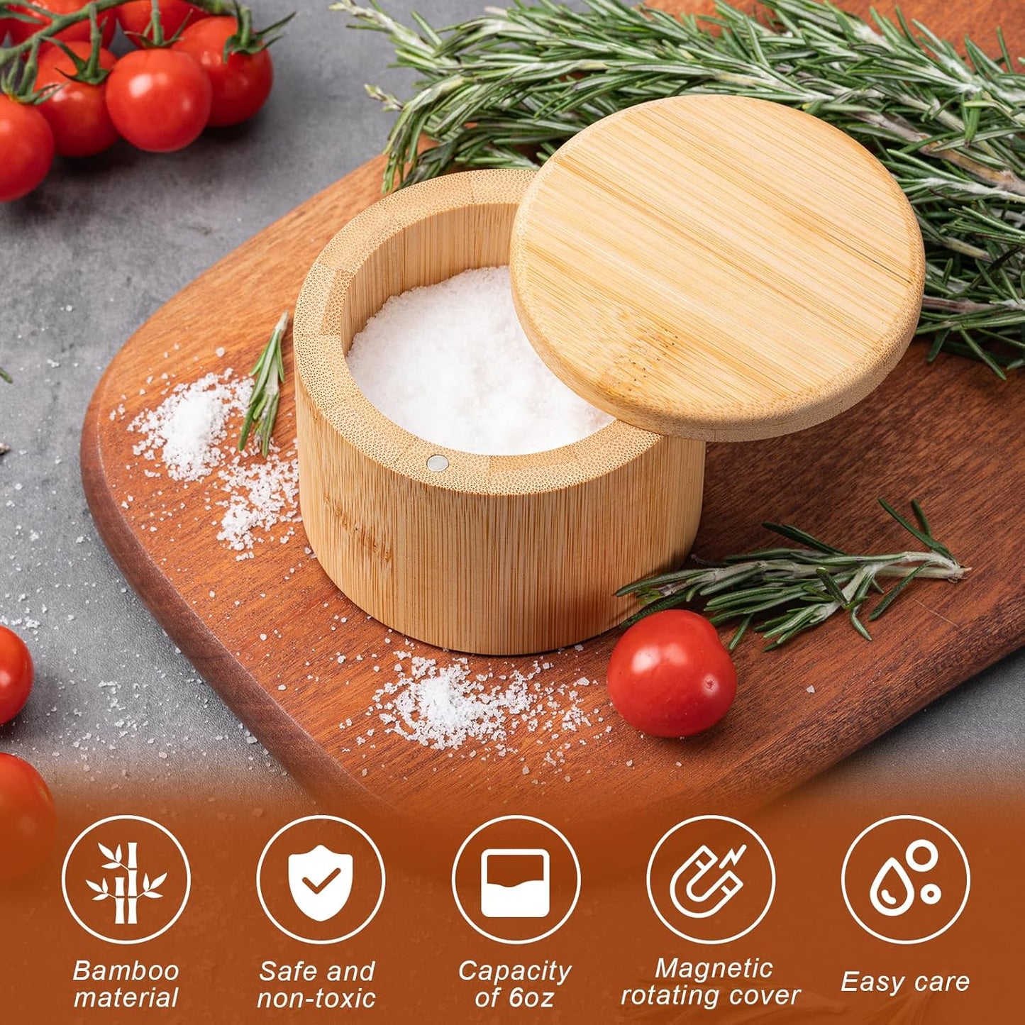 Bamboo Salt Grinder with Magnetic Rotating Lid Round Salt Container for Storing Salt Pepper Sugar and Spices 1 Piece