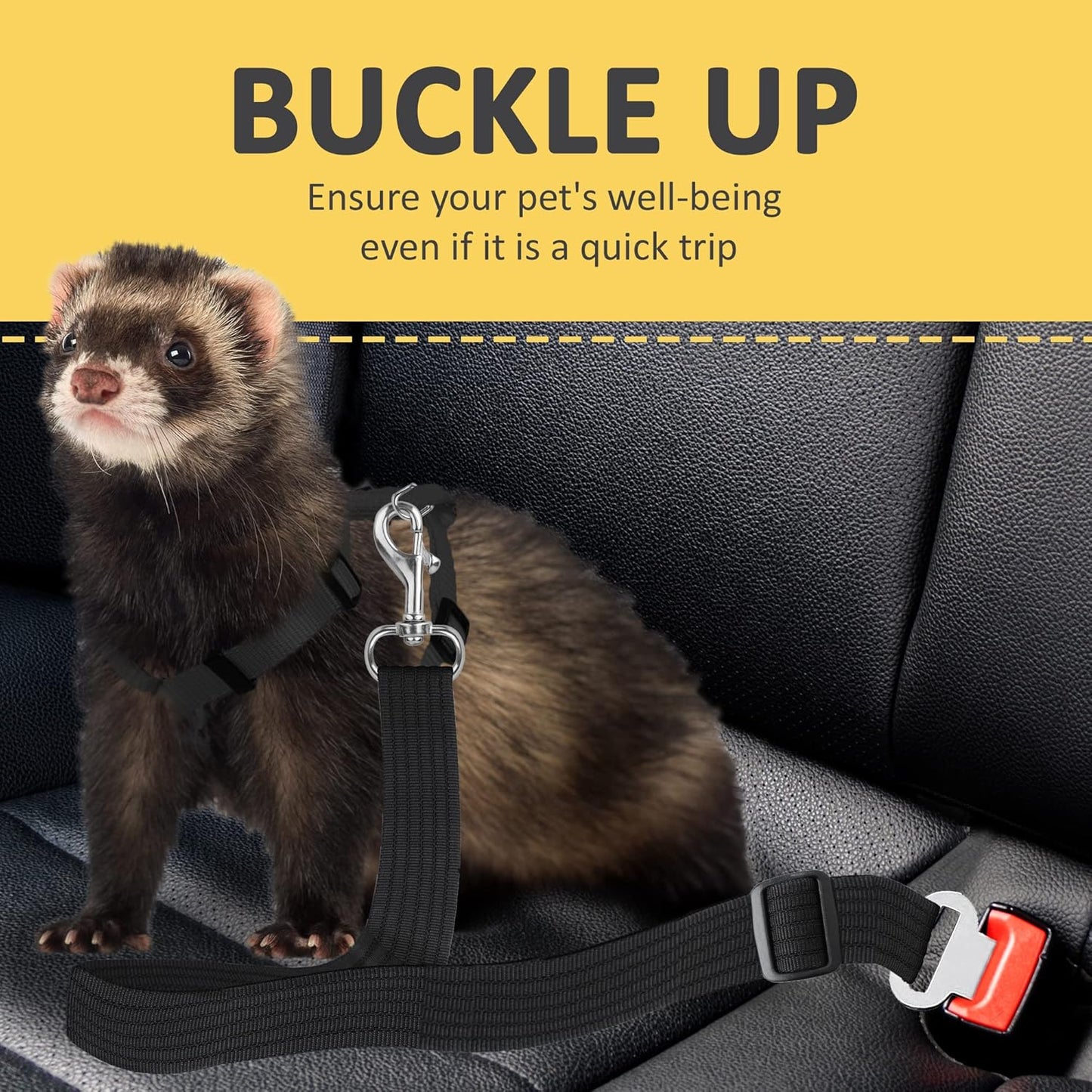 Adjustable Nylon Pet Car Harness with Extension Strap and Clip - Universal Fit for Dogs Cats and Ferrets - Travel Safety Belt for All Car Models