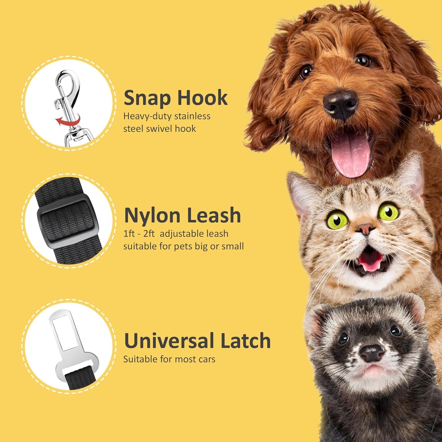 Adjustable Nylon Pet Car Harness with Extension Strap and Clip - Universal Fit for Dogs Cats and Ferrets - Travel Safety Belt for All Car Models